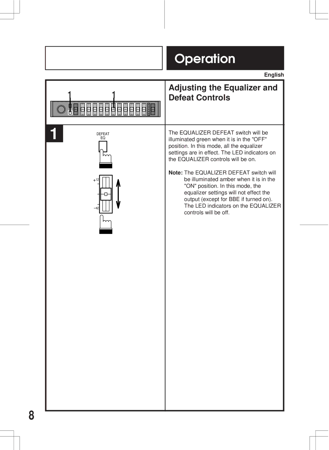 Alpine ERE-G180 owner manual Adjusting the Equalizer, Defeat Controls, English 