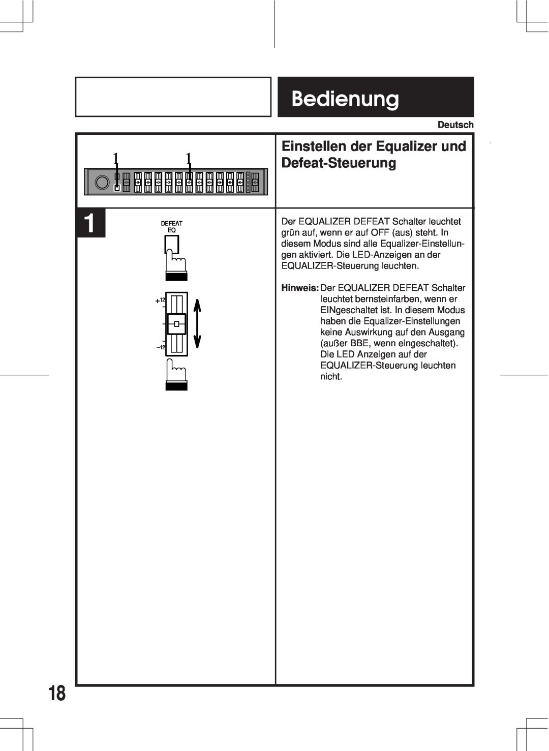 Alpine ERE-G180 owner manual Einstellen der Equalizer und, Defeat-Steuerung, Bedienung 