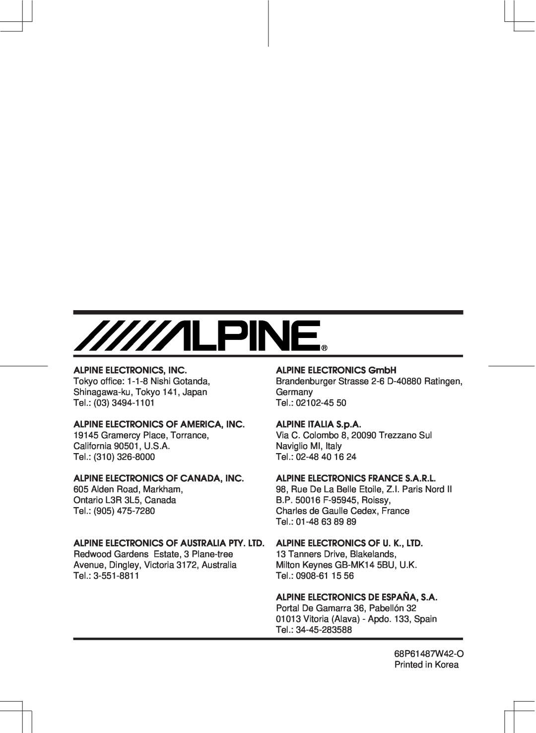 Alpine ERE-G180 owner manual Alpine Electronics, Inc 
