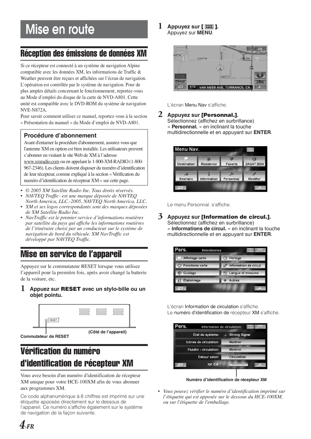 Alpine HCE-100XM owner manual Mise en route, Mise en service de l’appareil, Procédure d’abonnement 