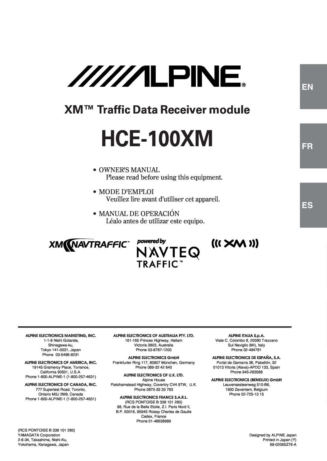 Alpine HCE-100XM owner manual XM Traffic Data Receiver module, Es It Se, Please read before using this equipment 