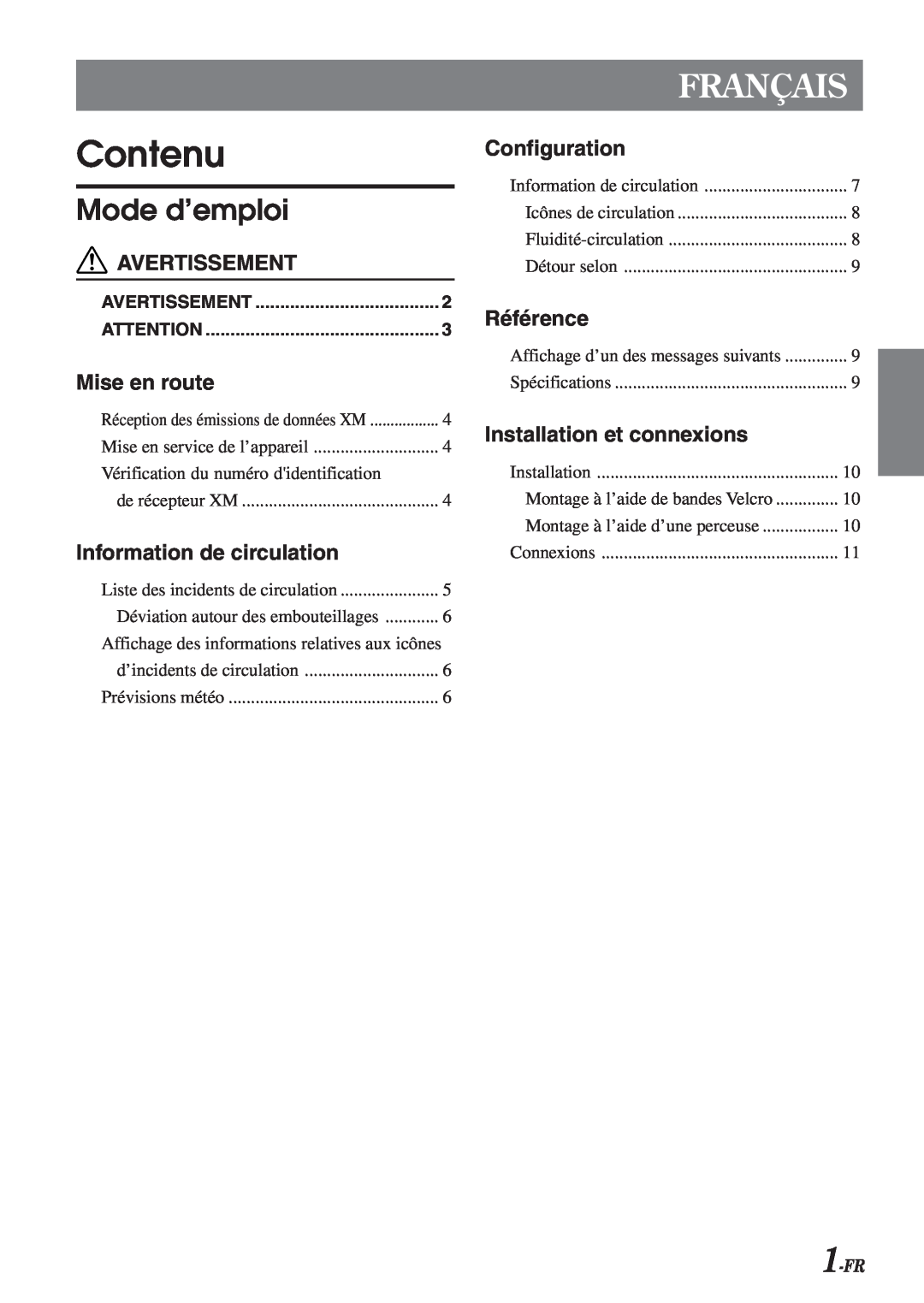 Alpine HCE-100XM Contenu, Français, Mode d’emploi, Avertissement, Mise en route, Information de circulation, Configuration 