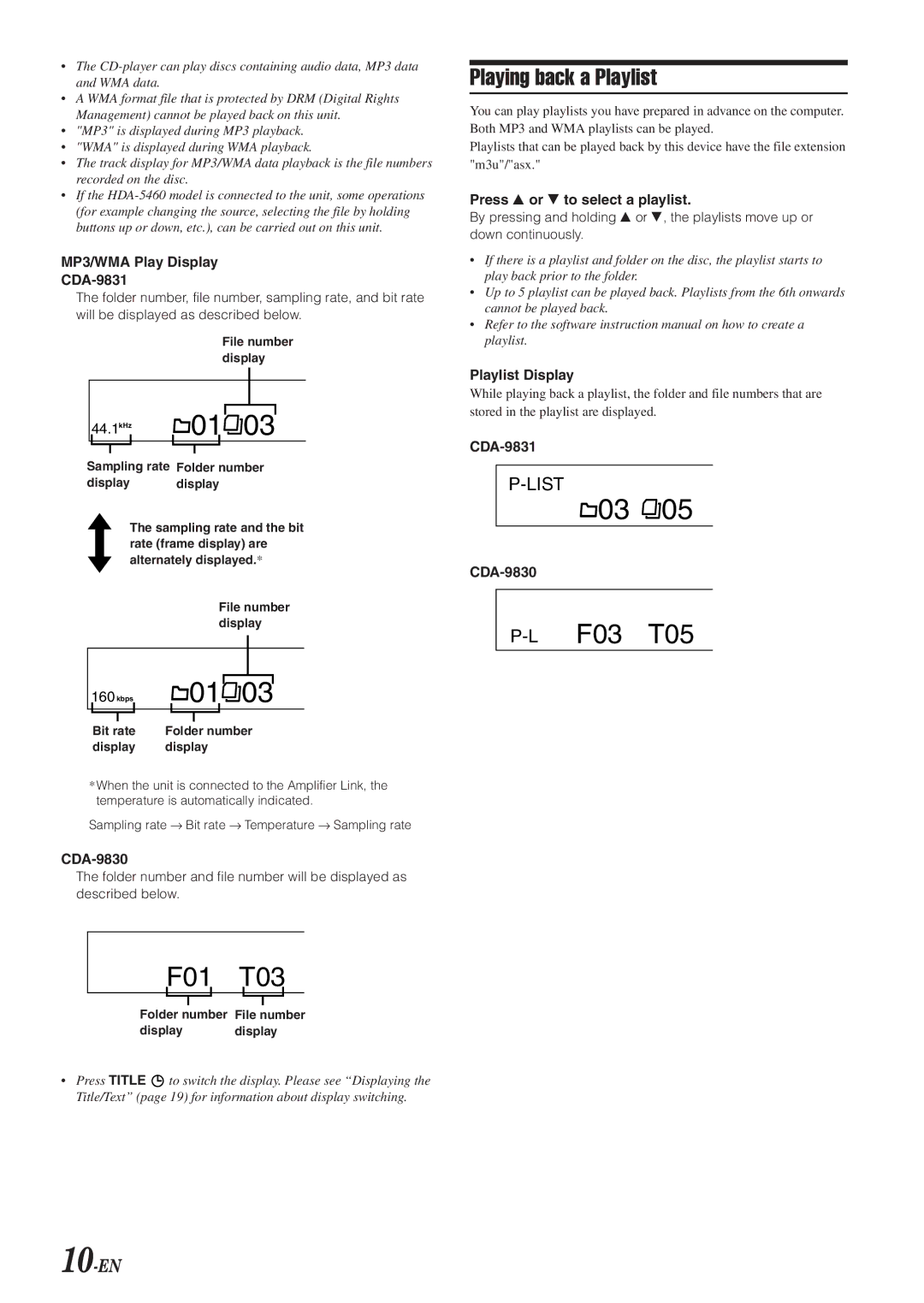 Alpine HDA-5460 operating instructions Playing back a Playlist, 10-EN 