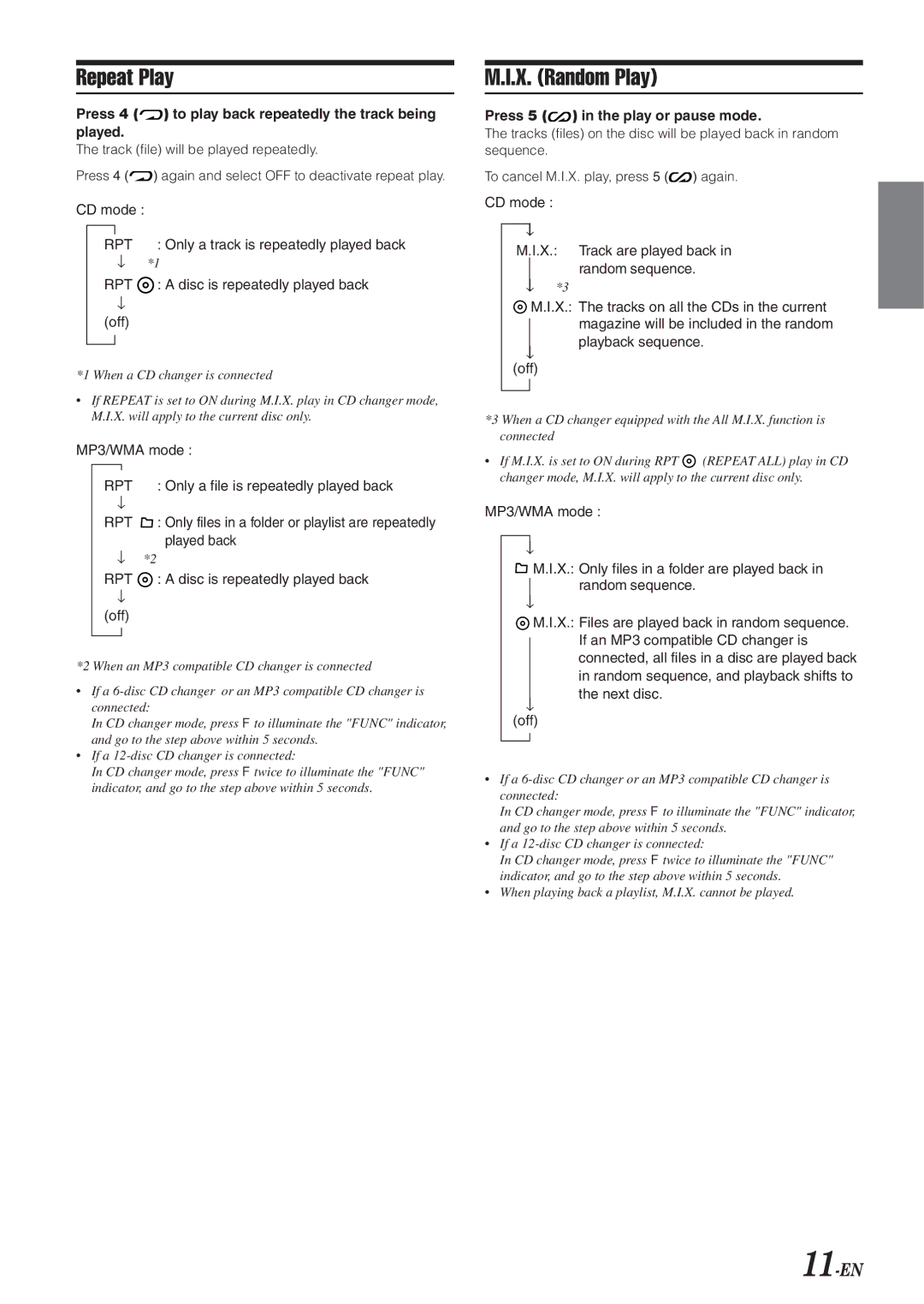 Alpine HDA-5460 Repeat Play, X. Random Play, 11-EN, Press 4 to play back repeatedly the track being played 