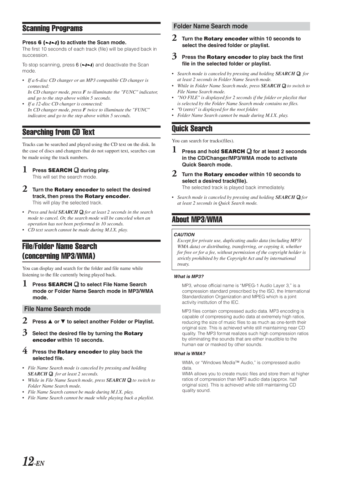 Alpine HDA-5460 Scanning Programs, Searching from CD Text, File/Folder Name Search Concerning MP3/WMA, Quick Search 