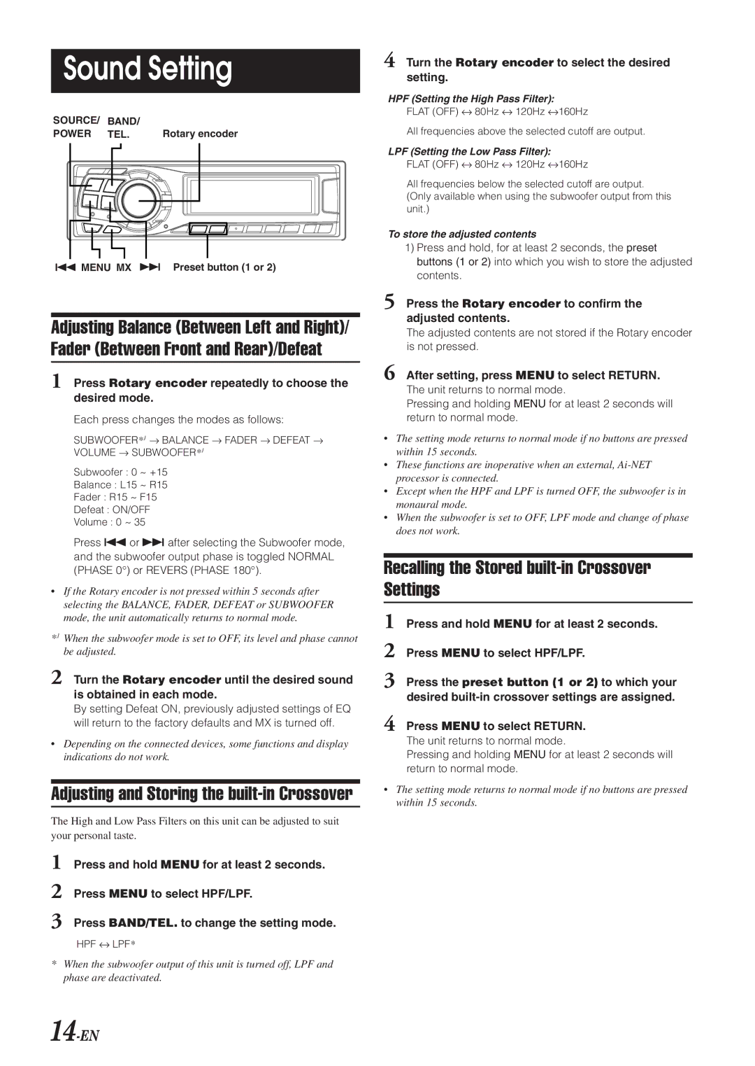 Alpine HDA-5460 operating instructions Sound Setting, Recalling the Stored built-in Crossover Settings, 14-EN 