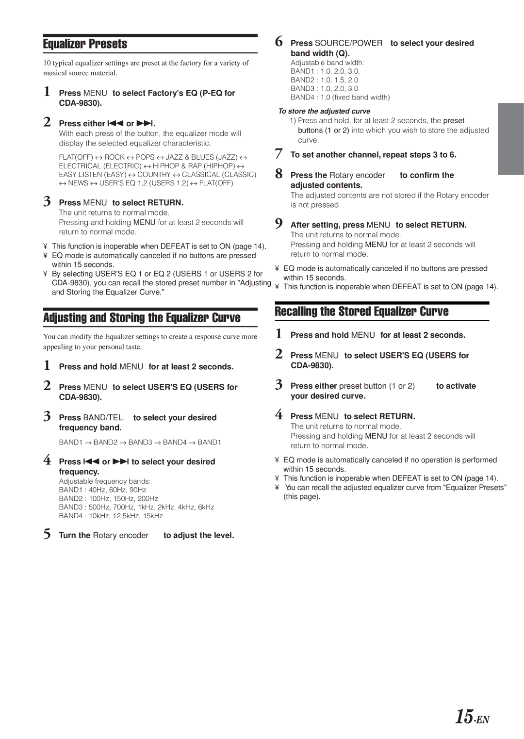 Alpine HDA-5460 Equalizer Presets, Adjusting and Storing the Equalizer Curve, Recalling the Stored Equalizer Curve, 15-EN 