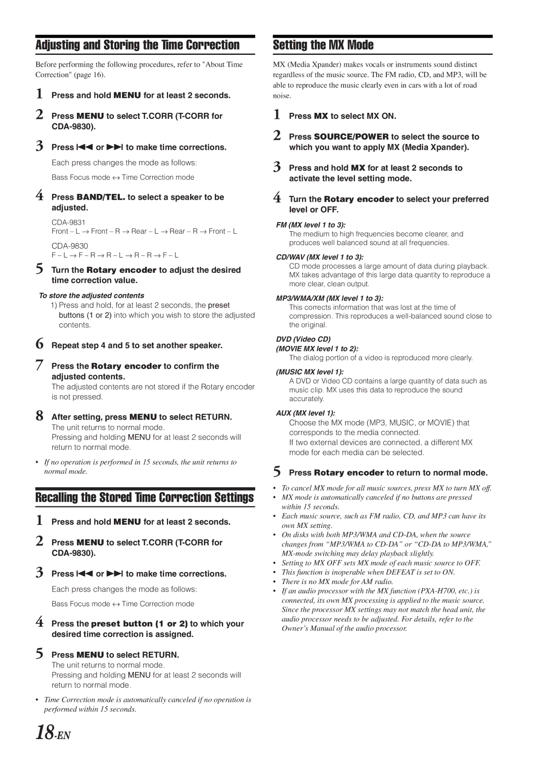 Alpine HDA-5460 operating instructions Adjusting and Storing the Time Correction, Setting the MX Mode, 18-EN 