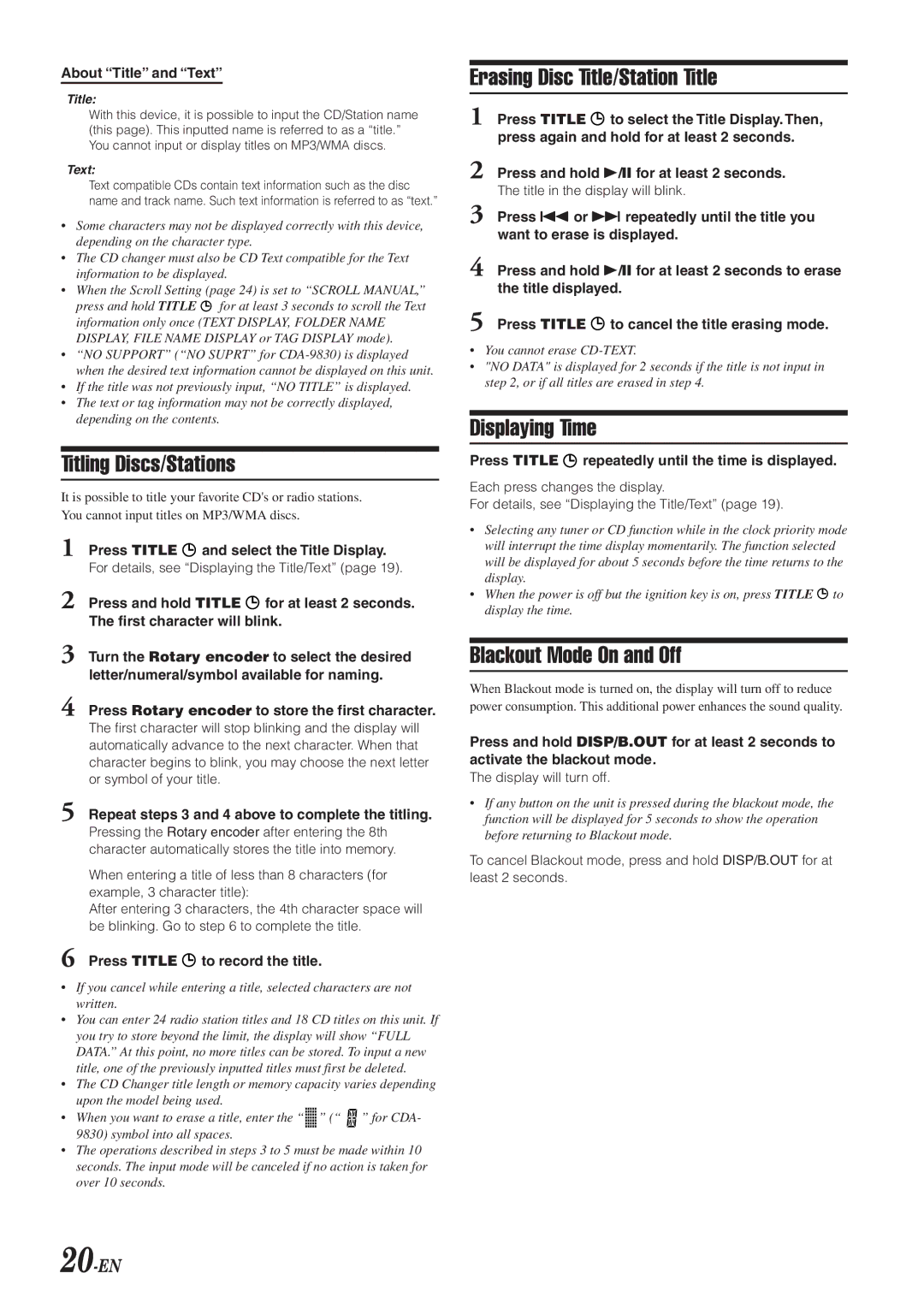 Alpine HDA-5460 Titling Discs/Stations, Erasing Disc Title/Station Title, Displaying Time, Blackout Mode On and Off, 20-EN 