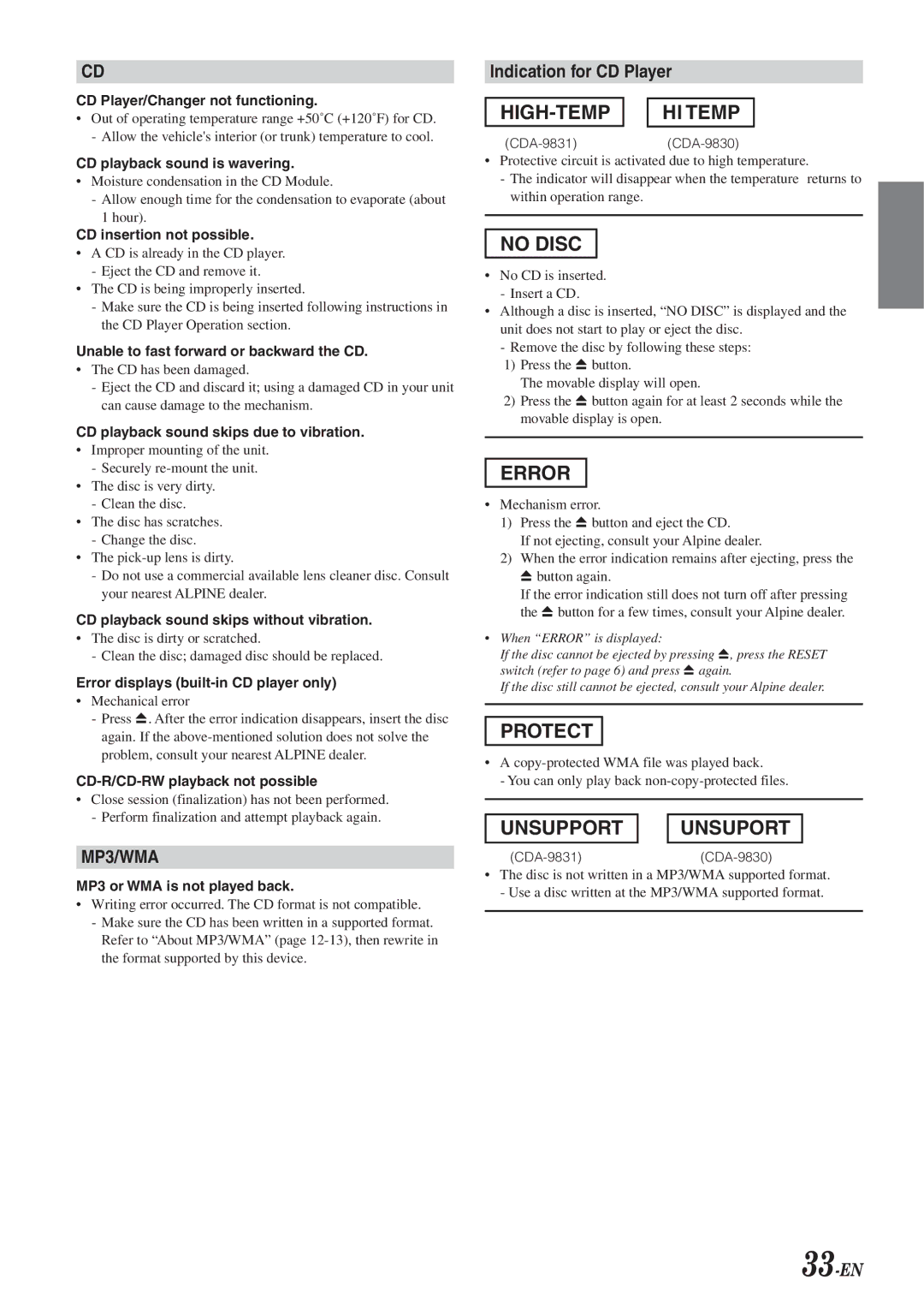 Alpine HDA-5460 operating instructions Indication for CD Player, 33-EN 