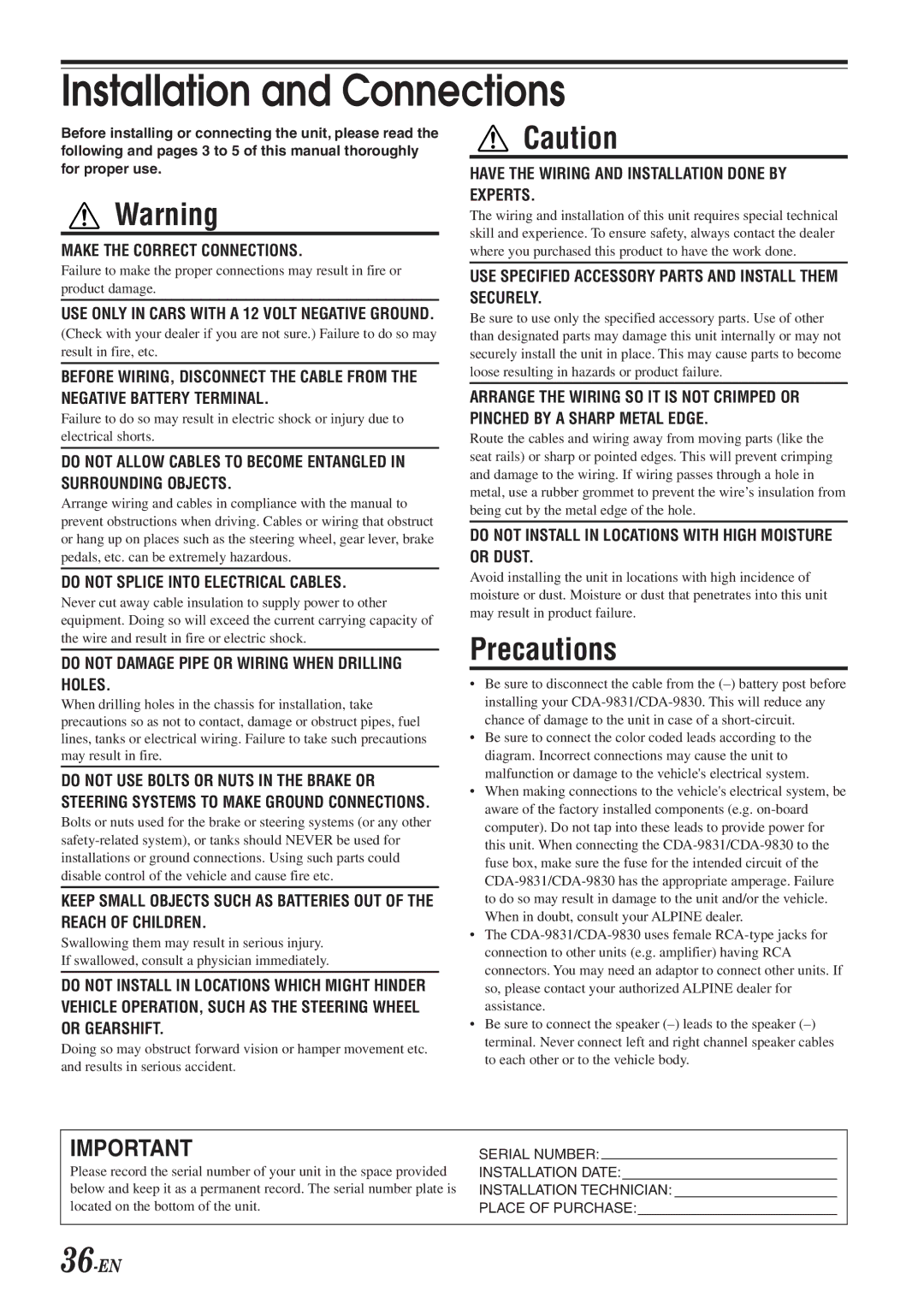 Alpine HDA-5460 operating instructions Installation and Connections, 36-EN 