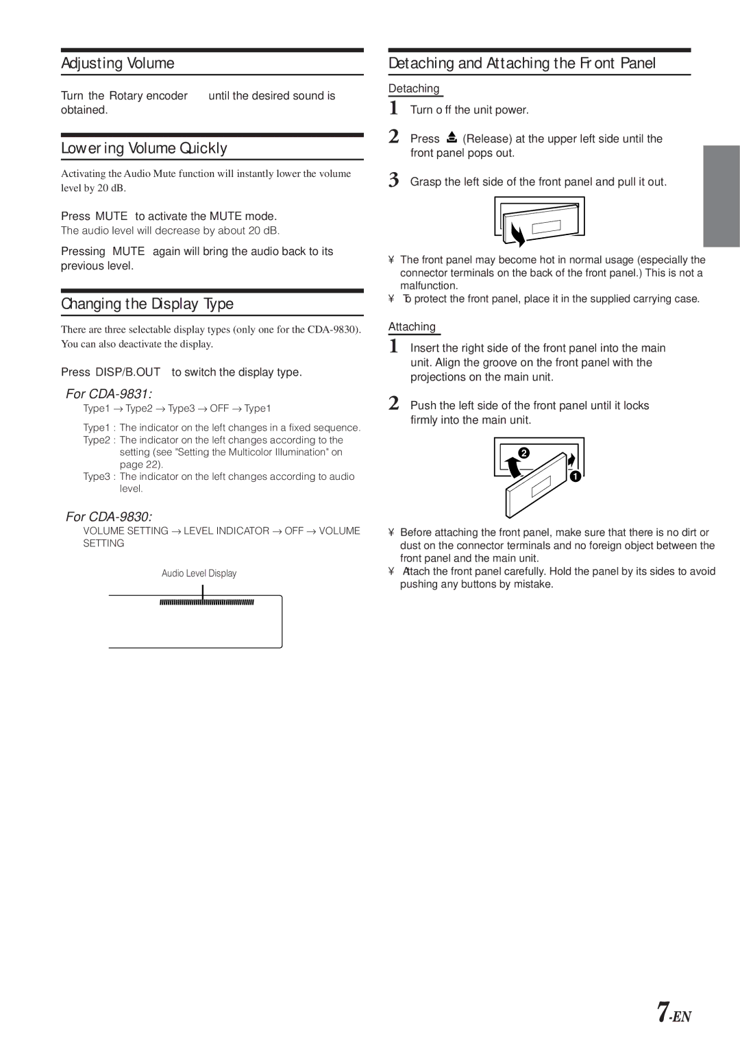 Alpine HDA-5460 operating instructions Adjusting Volume, Lowering Volume Quickly, Changing the Display Type 