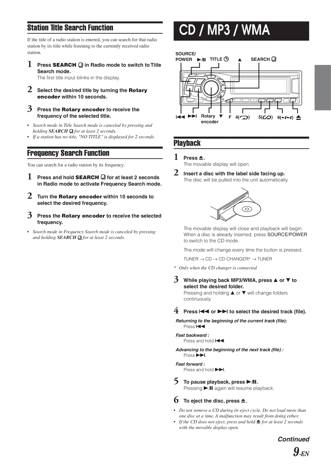 Alpine HDA-5460 operating instructions CD / MP3 / WMA, Frequency Search Function, Playback 