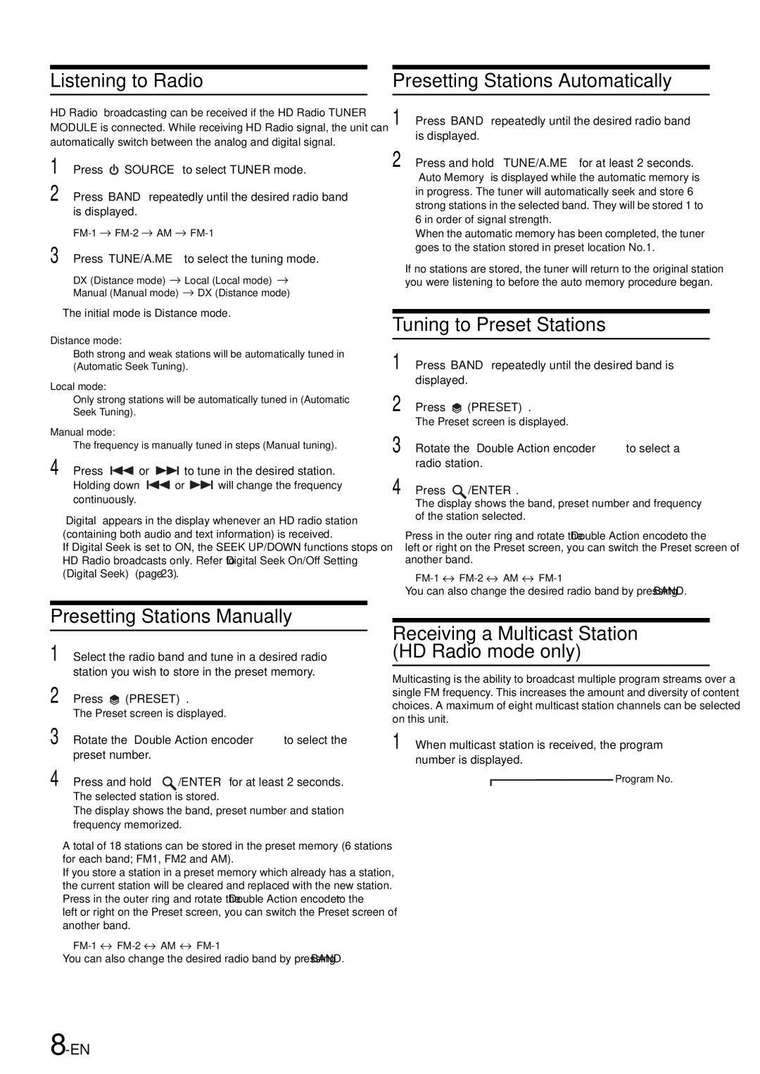 Alpine iDA-305 owner manual Listening to Radio, Presetting Stations Manually, Presetting Stations Automatically 