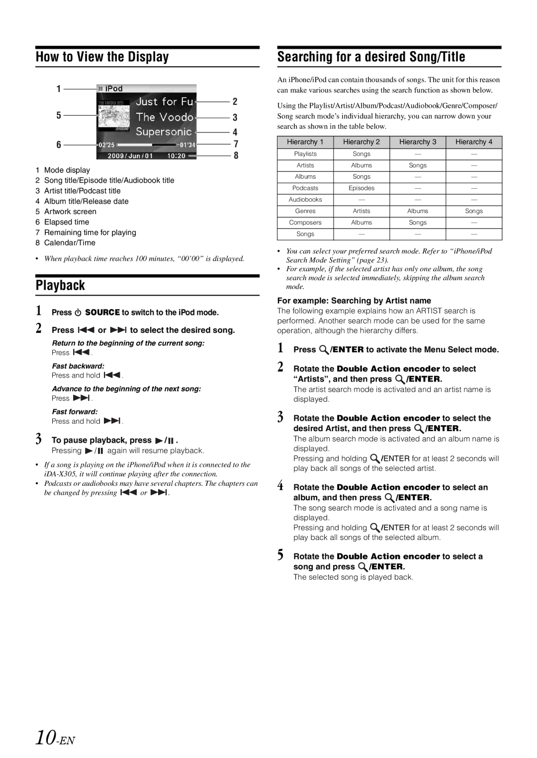 Alpine iDA-305 owner manual Playback, Searching for a desired Song/Title, 10-EN, To pause playback, press 