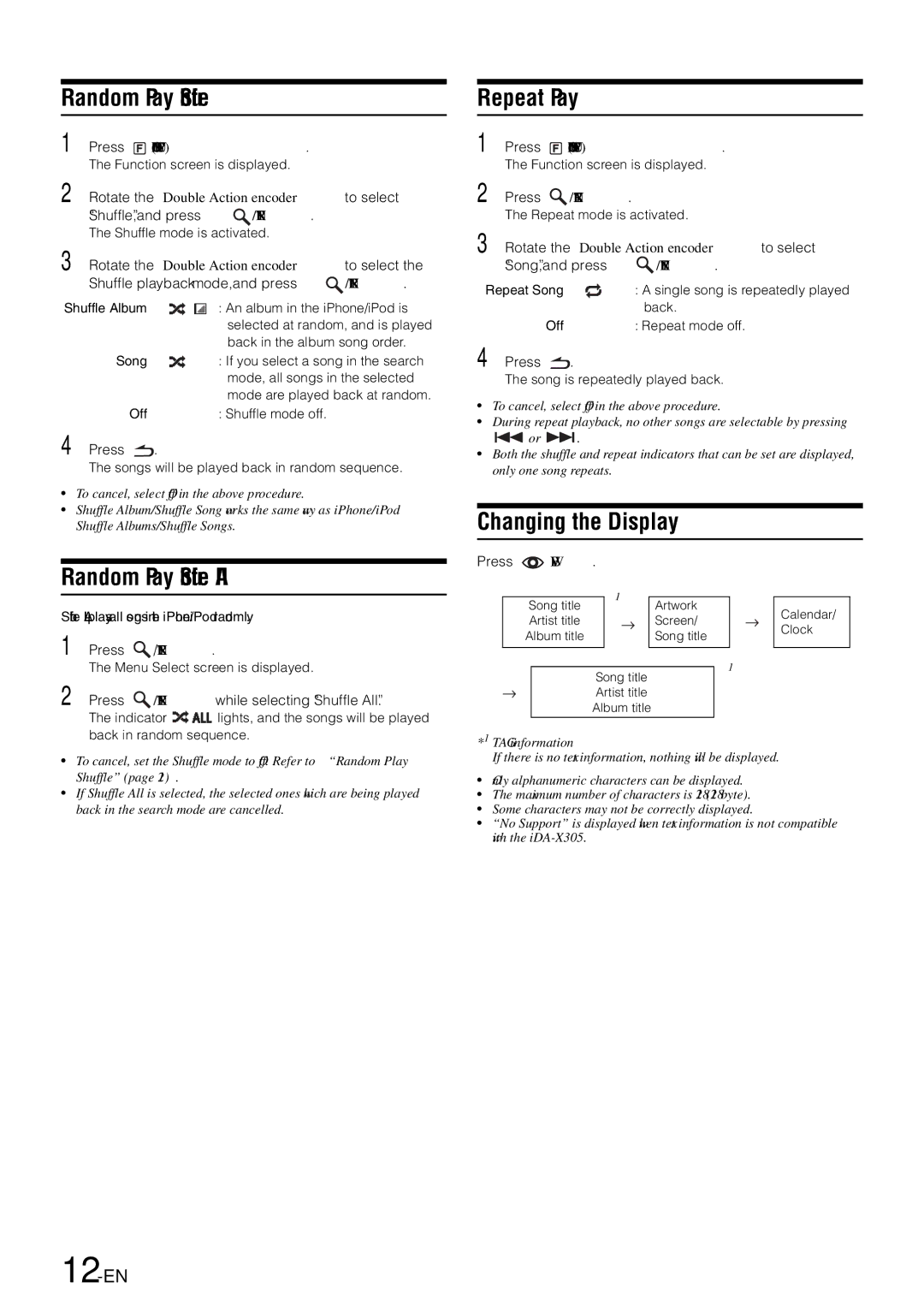 Alpine iDA-305 owner manual Random Play Shuffle All, Repeat Play, Changing the Display, 12-EN 