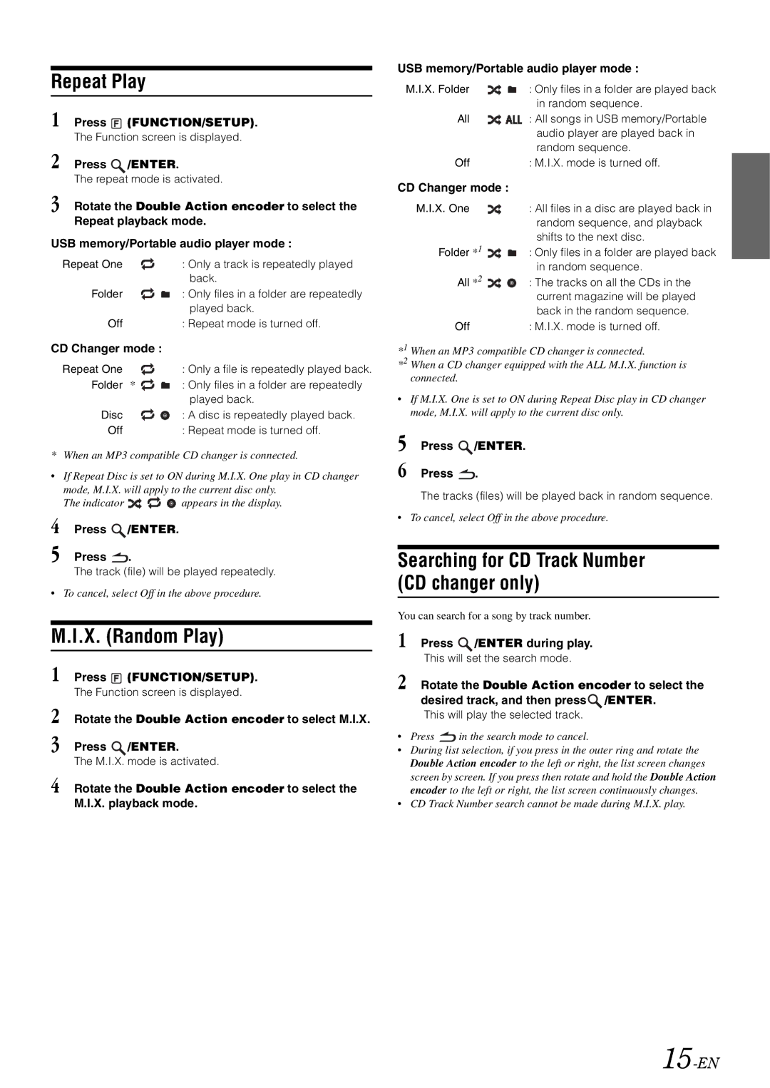Alpine iDA-305 owner manual X. Random Play, Searching for CD Track Number CD changer only, 15-EN, Press /ENTER during play 