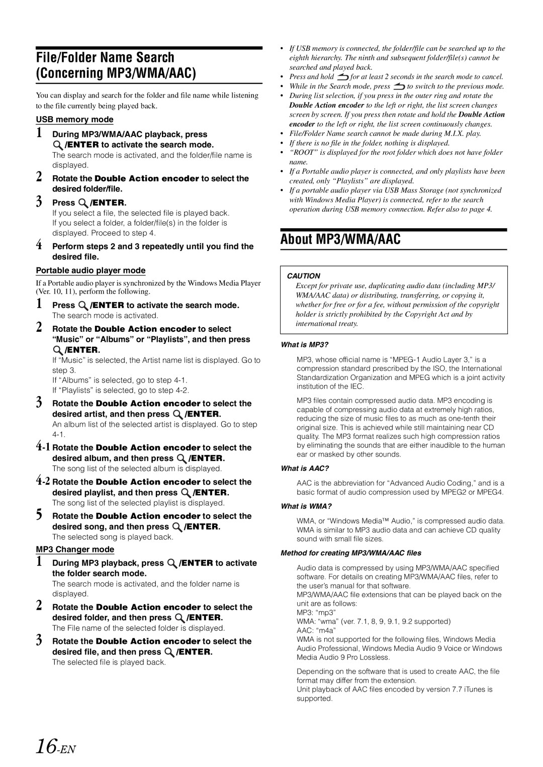 Alpine iDA-305 owner manual About MP3/WMA/AAC, File/Folder Name Search Concerning MP3/WMA/AAC, 16-EN, USB memory mode 