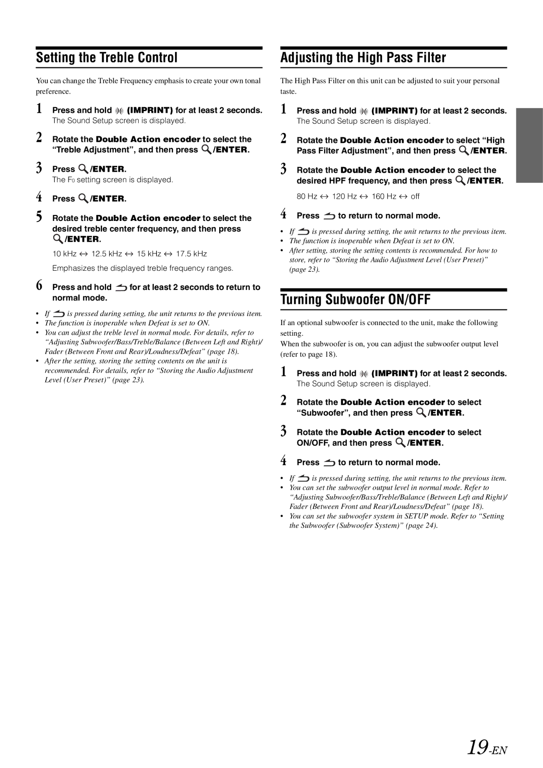 Alpine iDA-305 owner manual Setting the Treble Control, Adjusting the High Pass Filter, Turning Subwoofer ON/OFF, 19-EN 