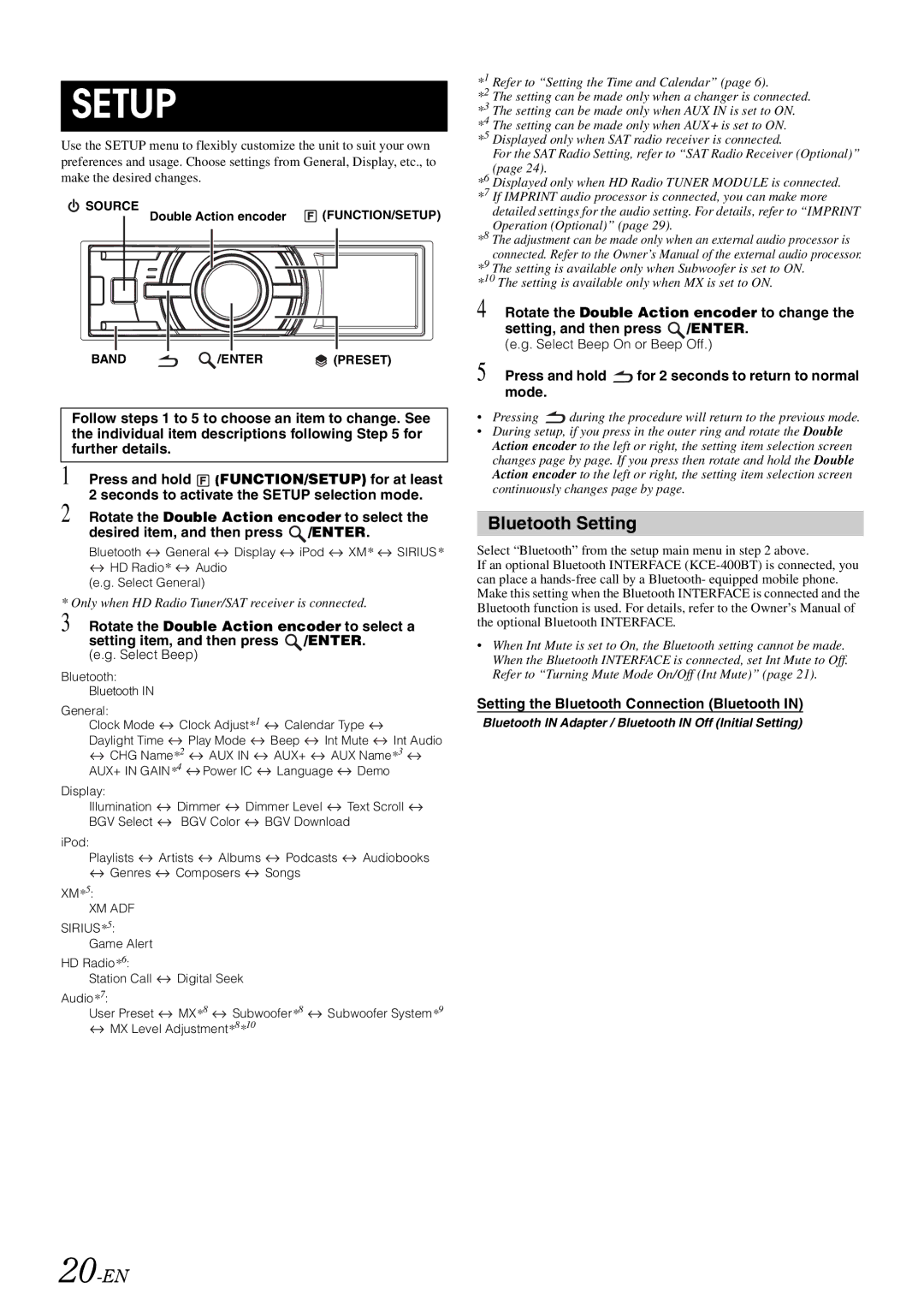 Alpine iDA-305 owner manual 20-EN, Bluetooth Setting, Press and hold for 2 seconds to return to normal mode 