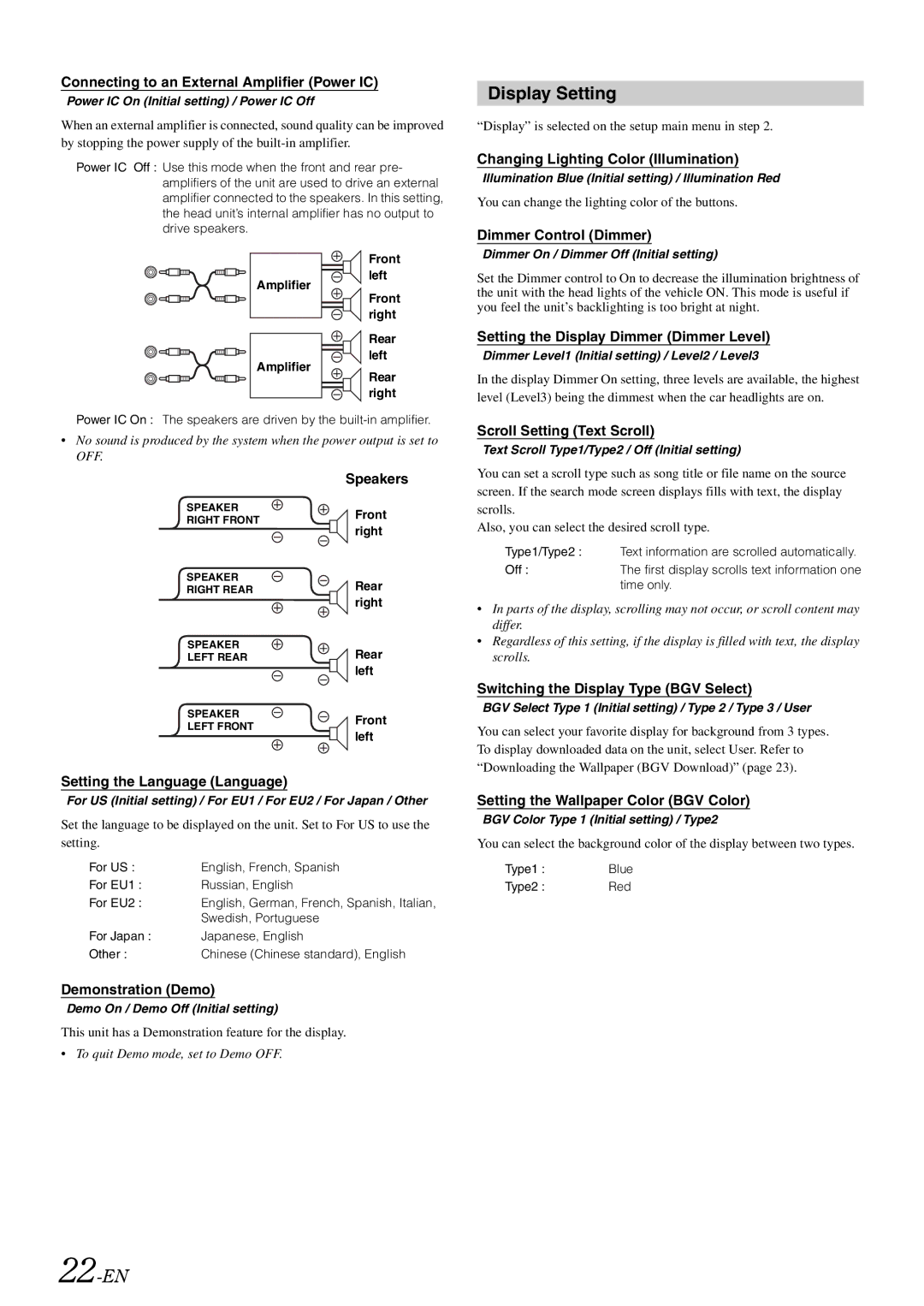 Alpine iDA-305 owner manual Display Setting, 22-EN 