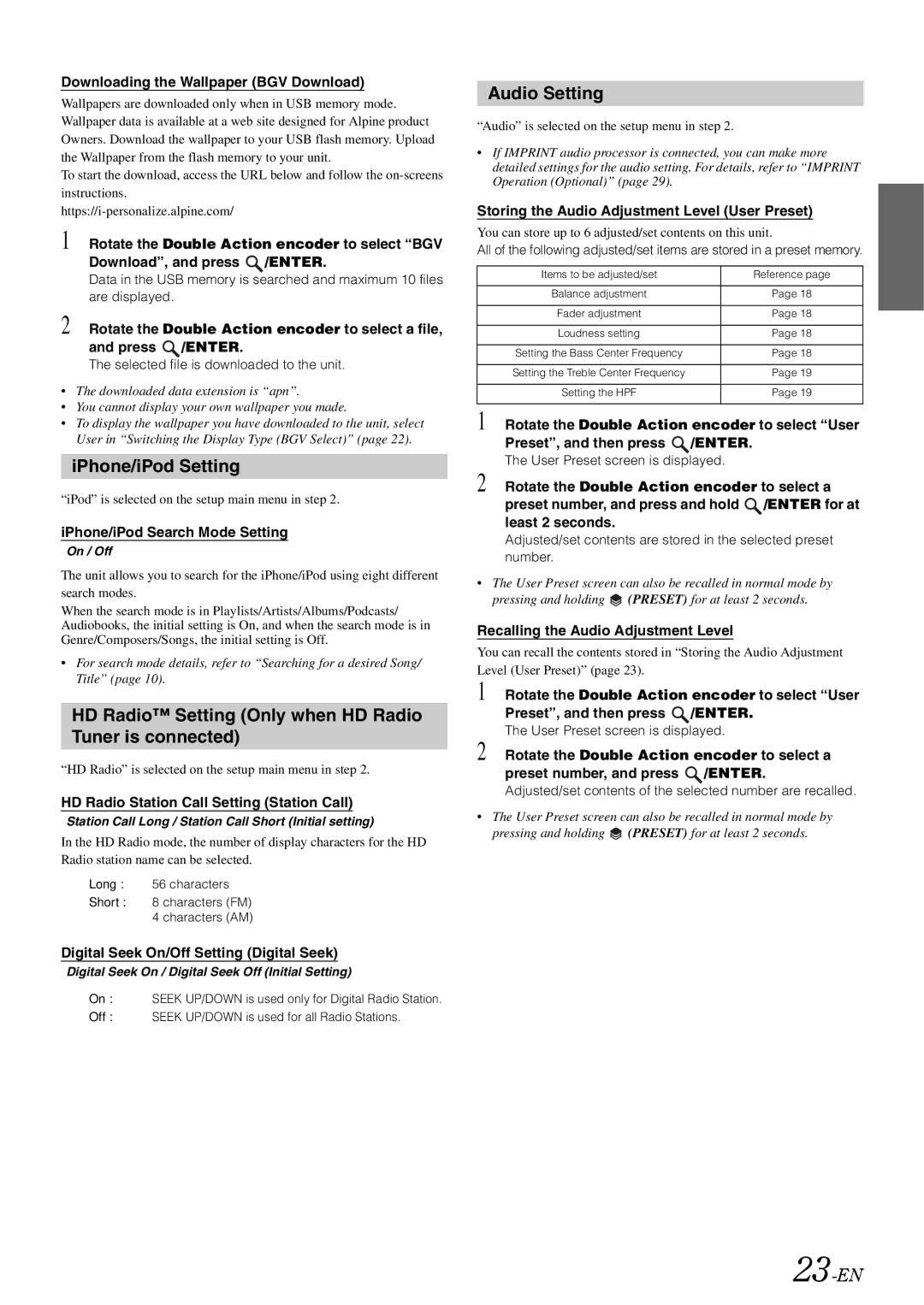 Alpine iDA-305 IPhone/iPod Setting, HD Radio Setting Only when HD Radio Tuner is connected, Audio Setting, 23-EN 