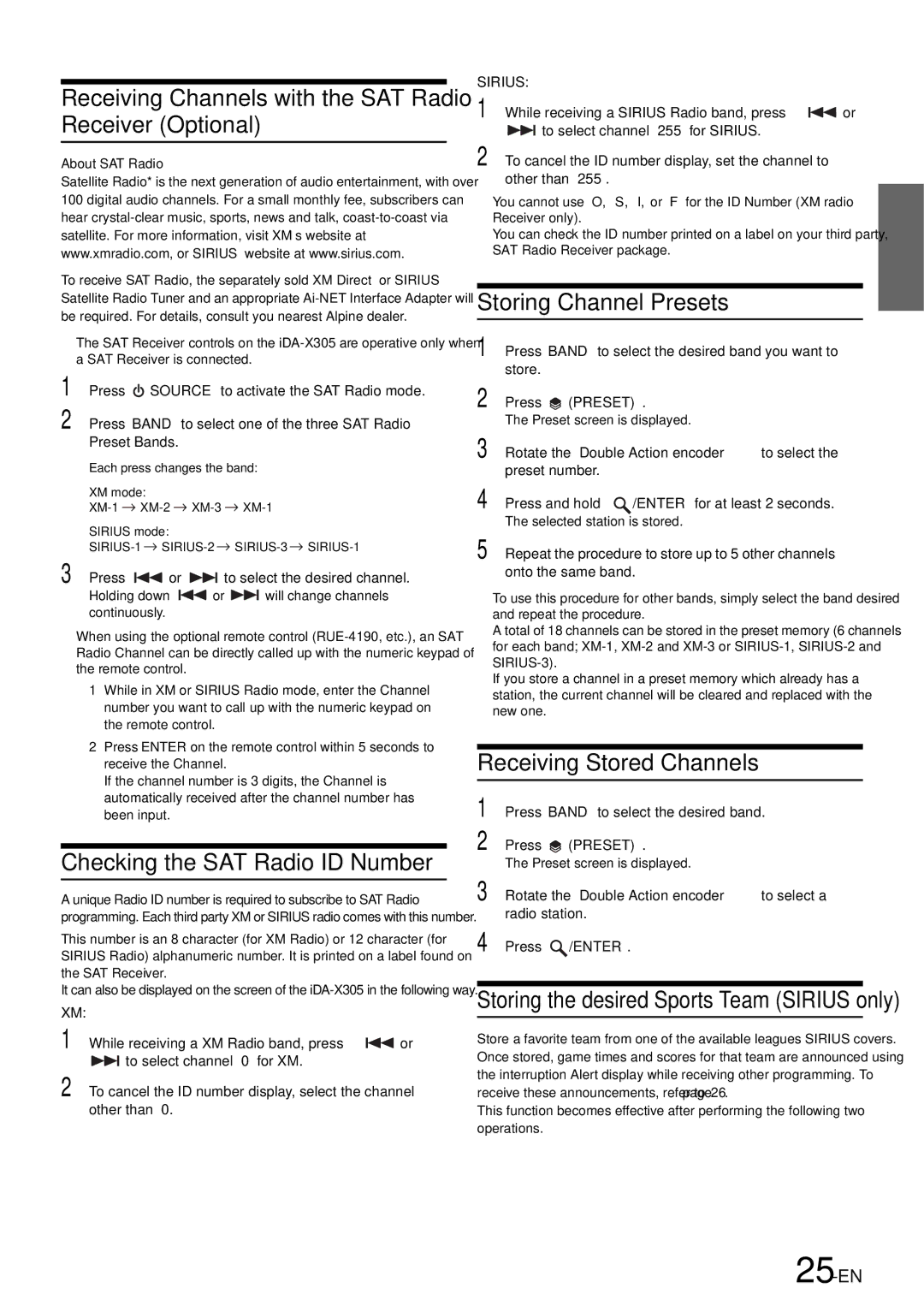 Alpine iDA-305 owner manual Receiving Channels with the SAT Radio Receiver Optional, Checking the SAT Radio ID Number 