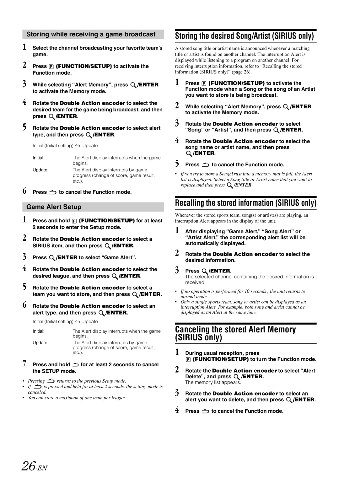 Alpine iDA-305 owner manual Canceling the stored Alert Memory Sirius only, Storing the desired Song/Artist Sirius only 