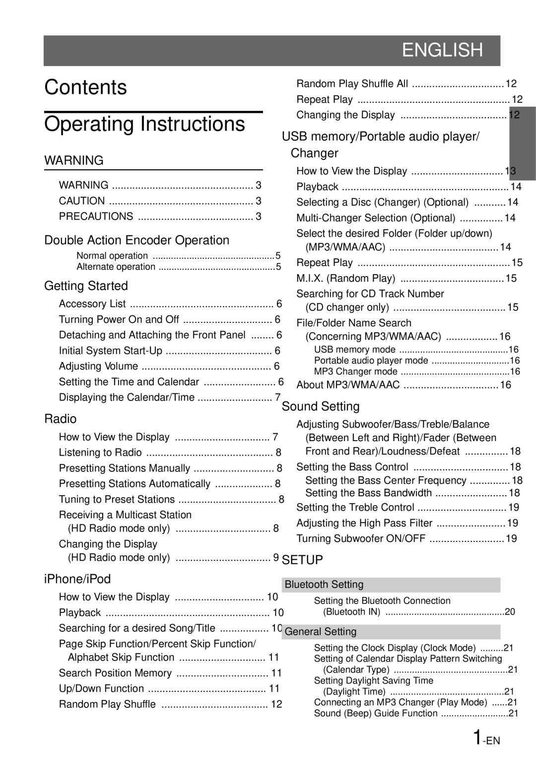 Alpine iDA-305 owner manual Contents Operating Instructions 