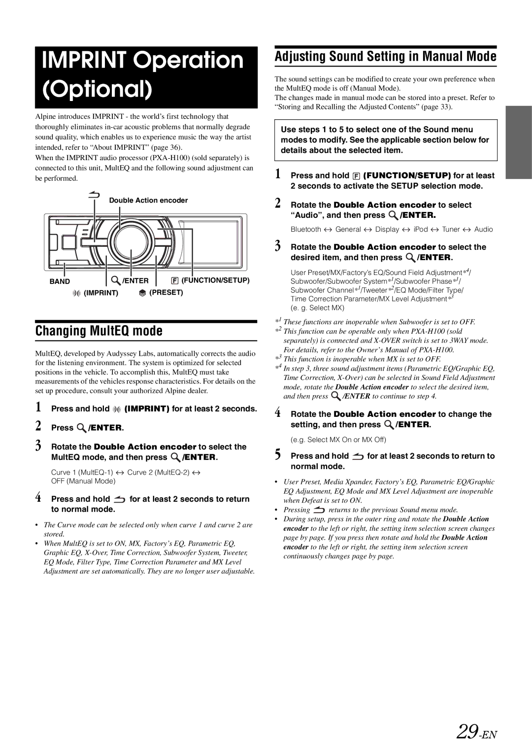 Alpine iDA-305 owner manual Imprint Operation Optional, Changing MultEQ mode, Adjusting Sound Setting in Manual Mode, 29-EN 