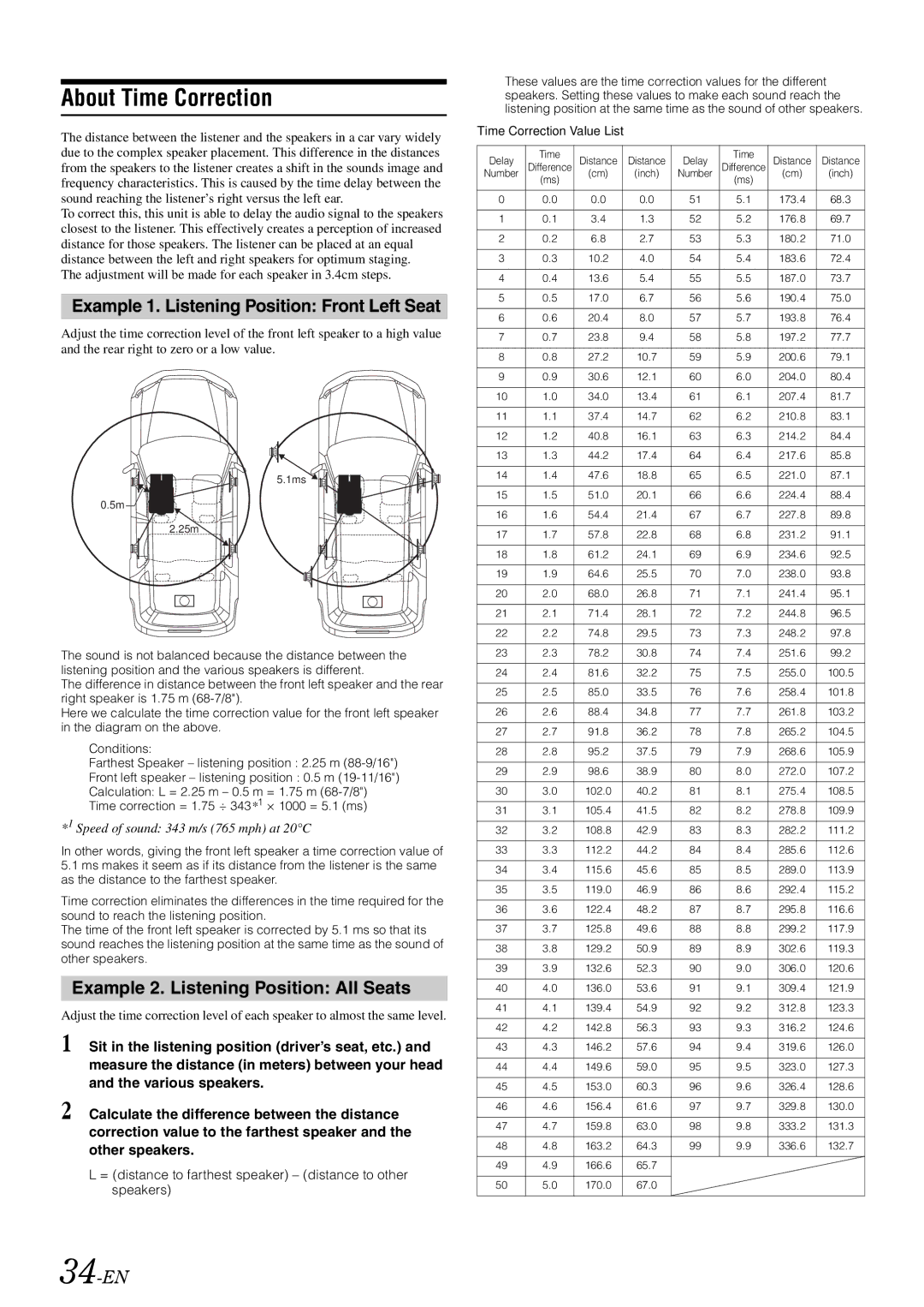 Alpine iDA-305 owner manual About Time Correction, Example 1. Listening Position Front Left Seat, 34-EN 