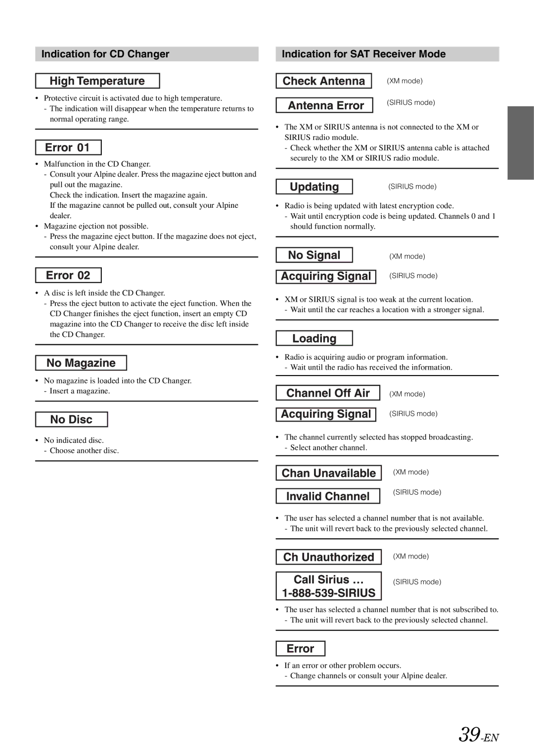 Alpine iDA-305 owner manual Indication for CD Changer Indication for SAT Receiver Mode, 39-EN 