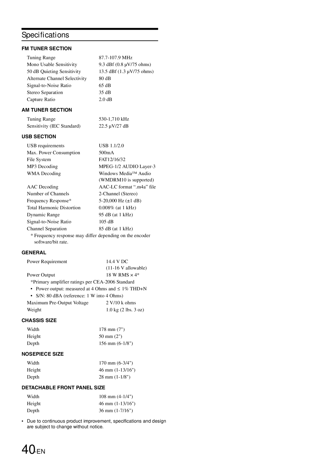 Alpine iDA-305 owner manual Specifications, 40-EN 