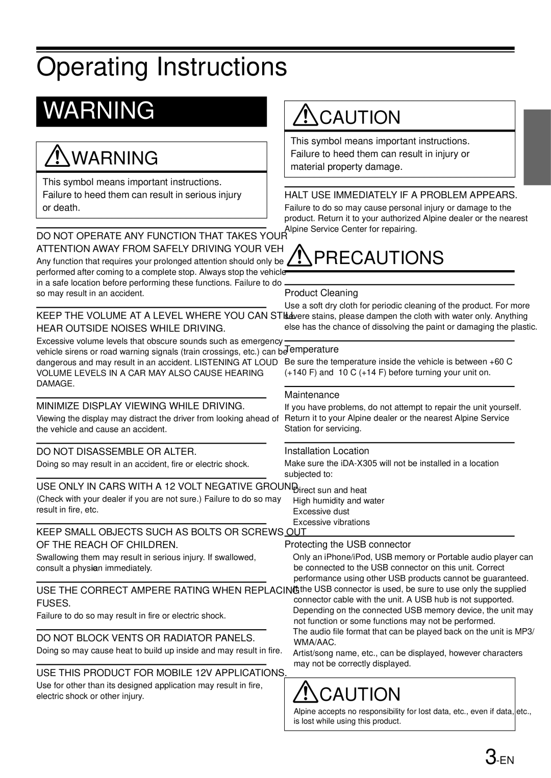 Alpine iDA-305 owner manual Operating Instructions 