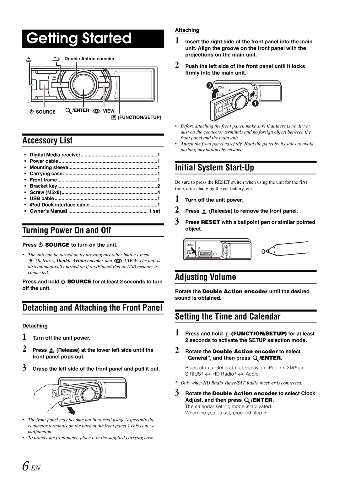 Alpine iDA-305 owner manual Getting Started, Turning Power On and Off, Initial System Start-Up, Adjusting Volume 