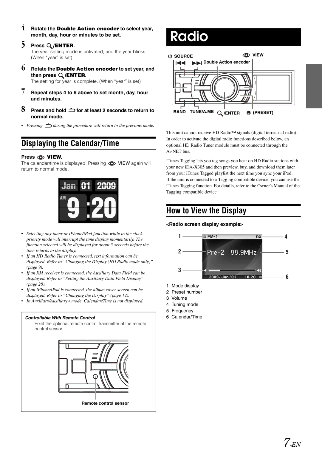 Alpine iDA-305 Displaying the Calendar/Time, How to View the Display, Press View, Radio screen display example 