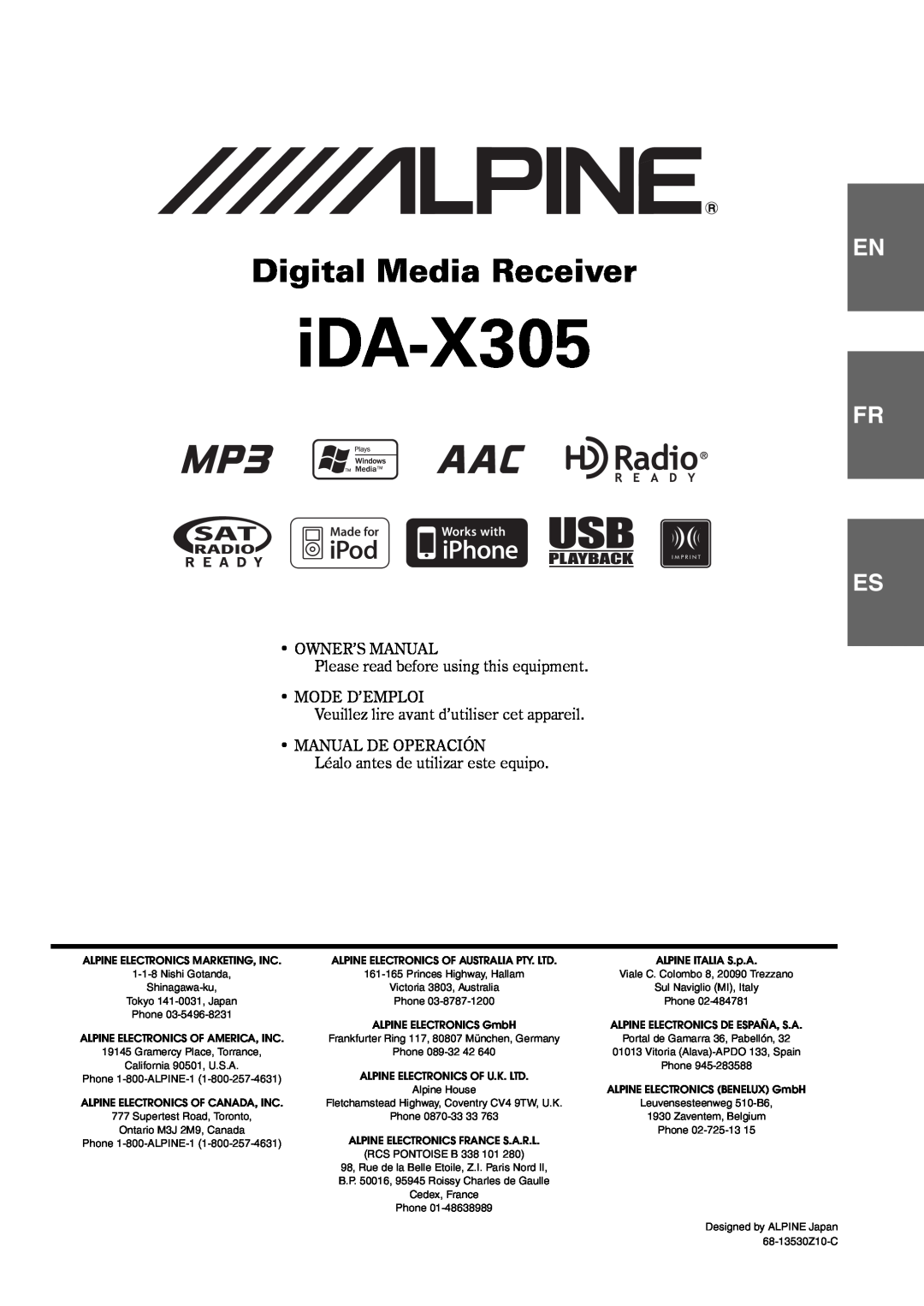 Alpine iDA-305 owner manual iDA-X305, Digital Media Receiver, Fr Es 