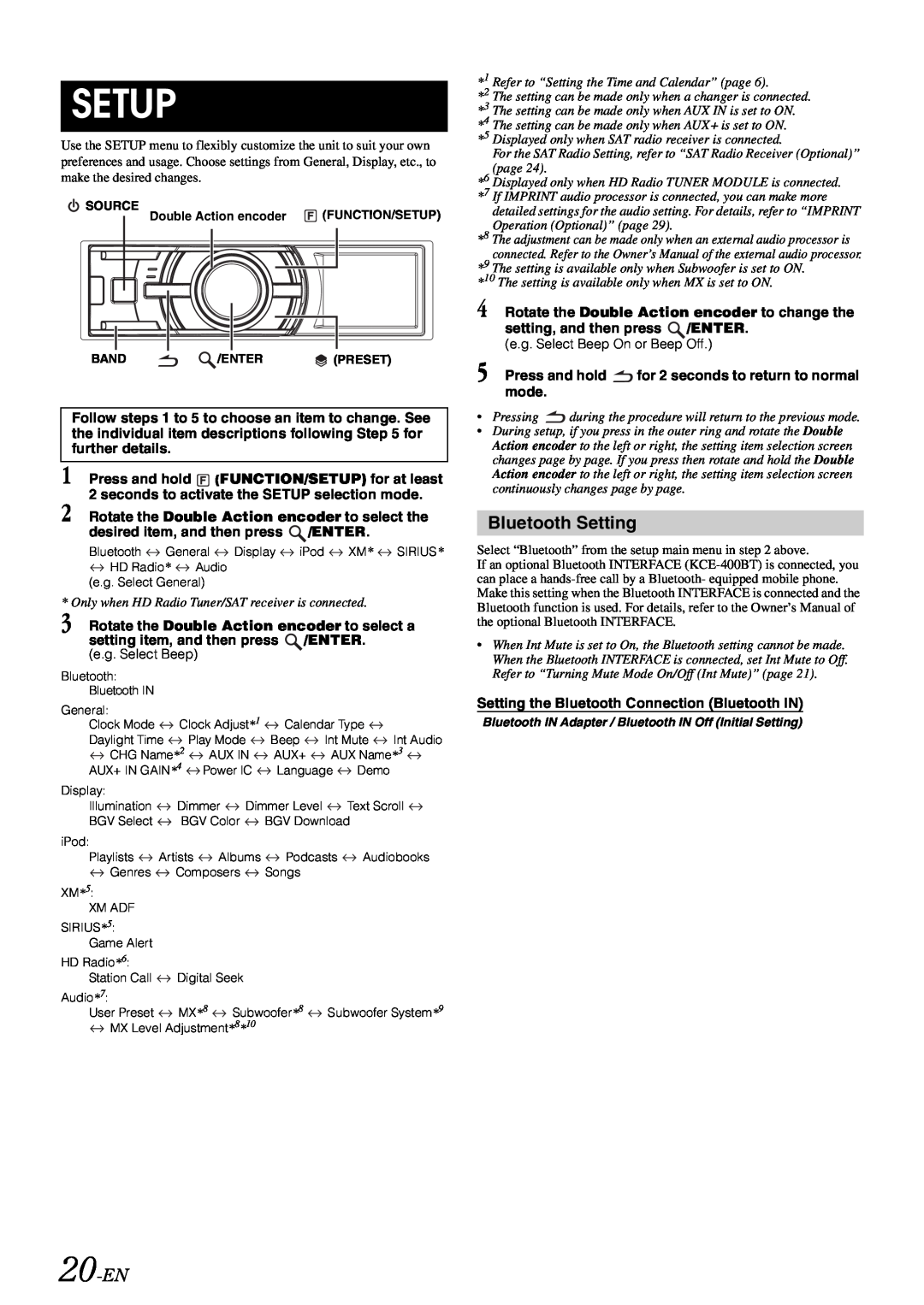Alpine iDA-305 owner manual Setup, 20-EN, Bluetooth Setting 