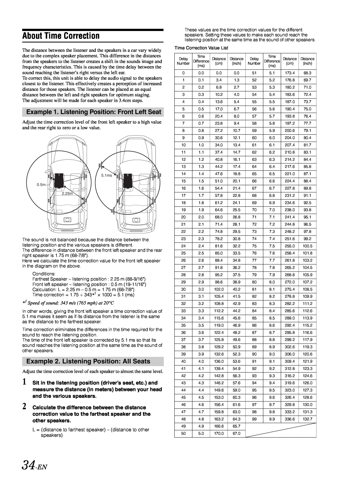 Alpine iDA-305 owner manual About Time Correction, Example 1. Listening Position Front Left Seat, 34-EN 