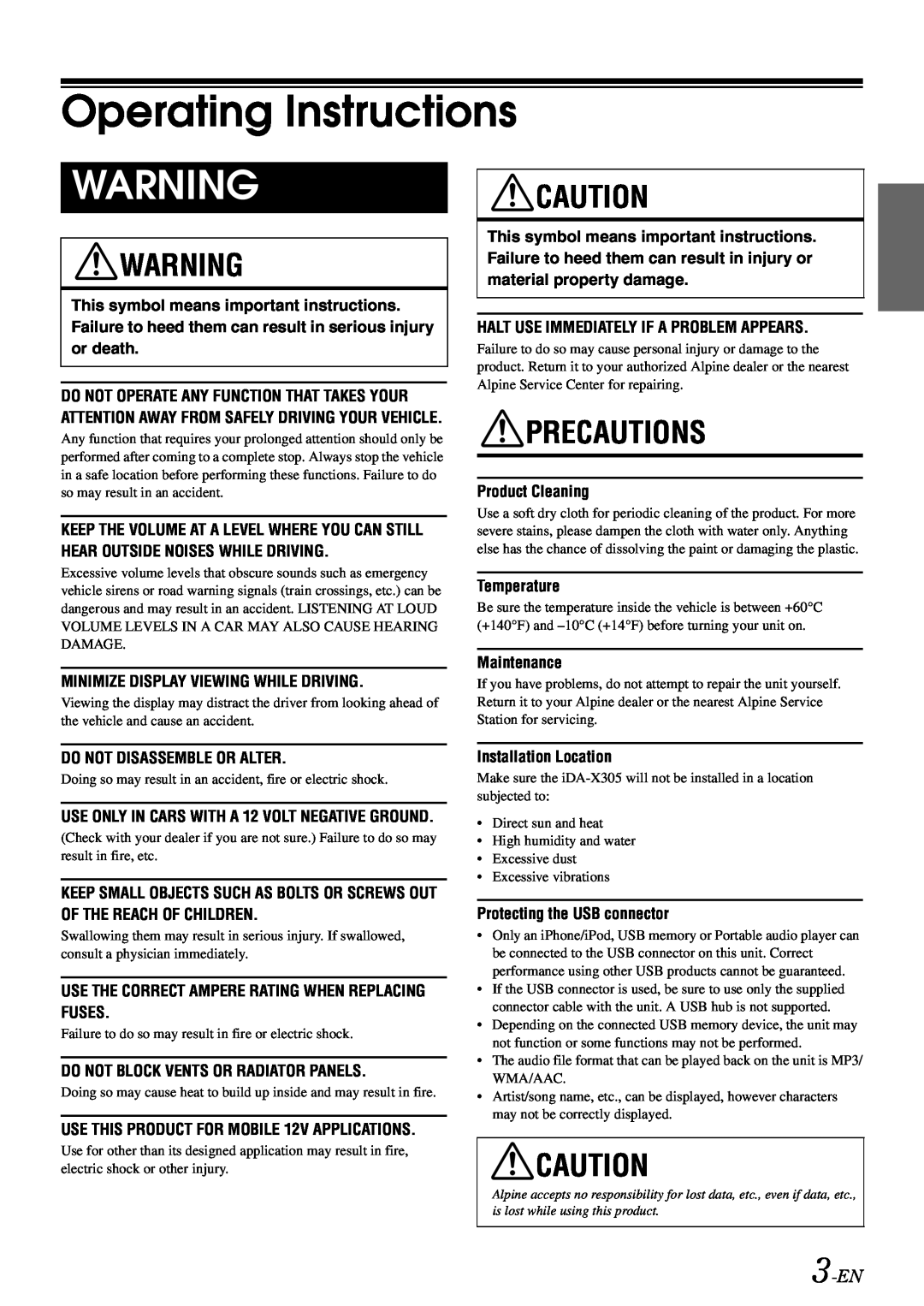 Alpine iDA-305 owner manual Operating Instructions, Precautions, 3-EN 