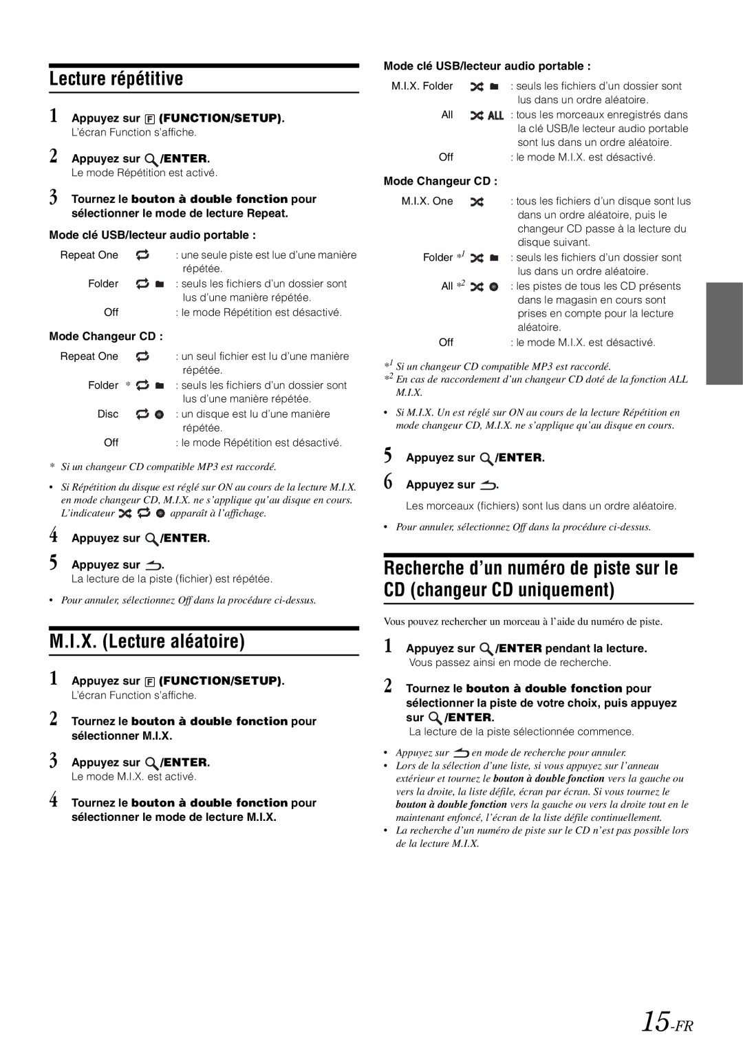 Alpine IDA-X305 owner manual X. Lecture aléatoire, 15-FR, Appuyez sur /ENTER pendant la lecture 