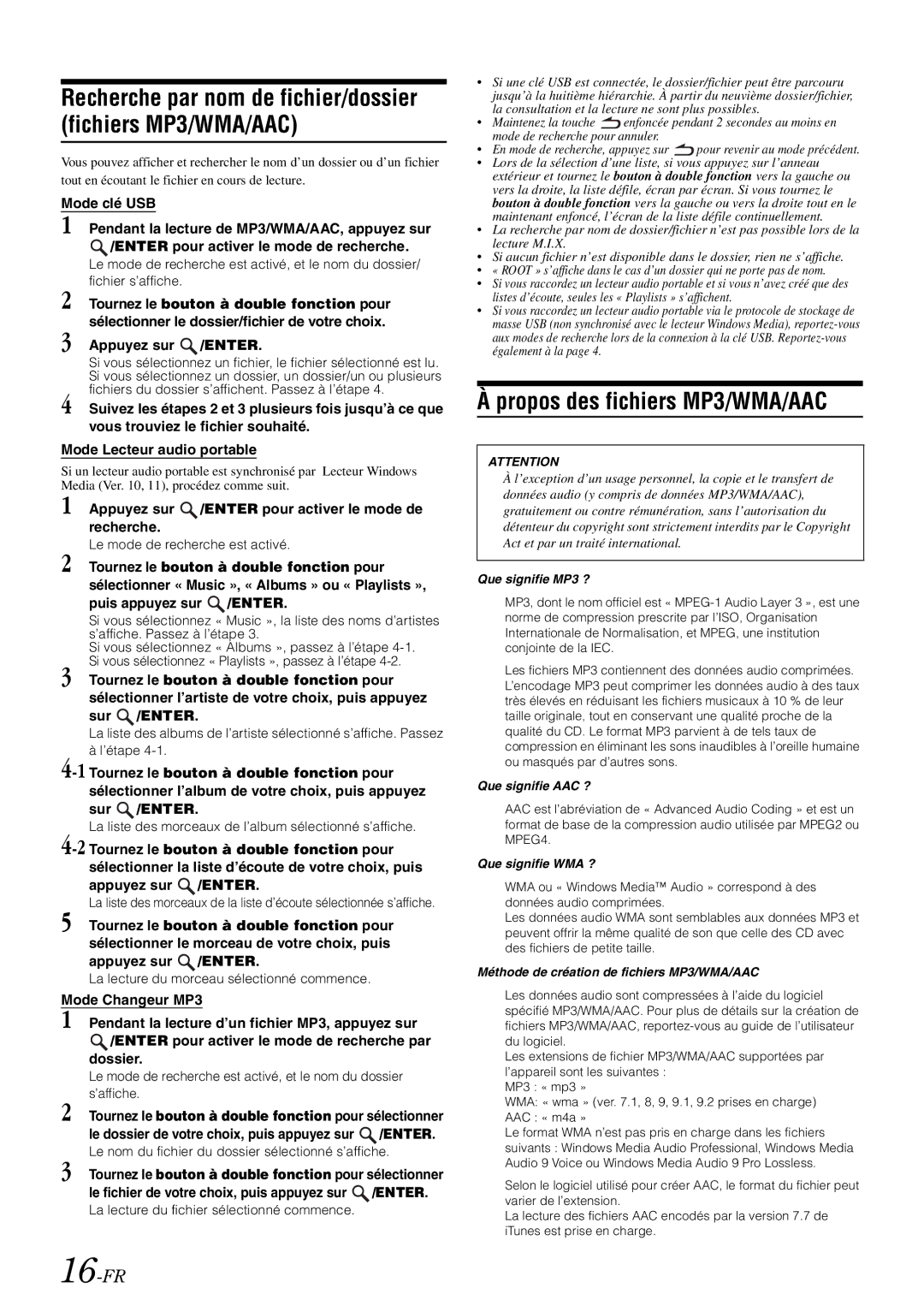 Alpine IDA-X305 owner manual Propos des fichiers MP3/WMA/AAC, 16-FR 