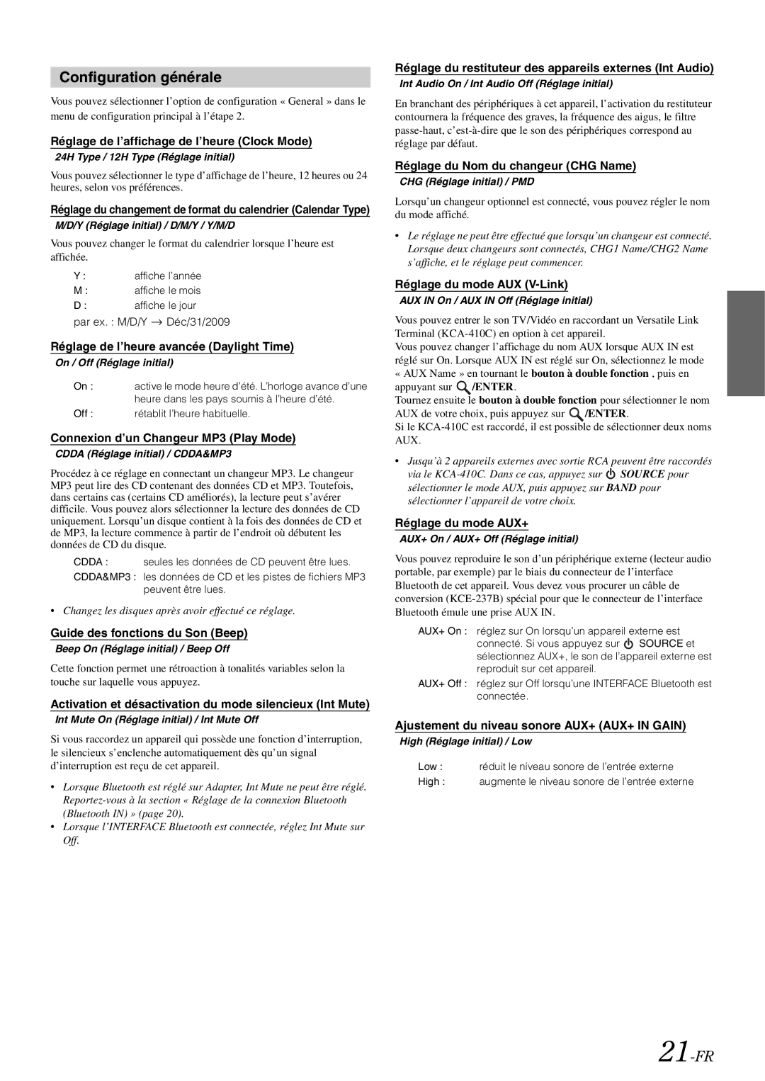 Alpine IDA-X305 owner manual Configuration générale, 21-FR 