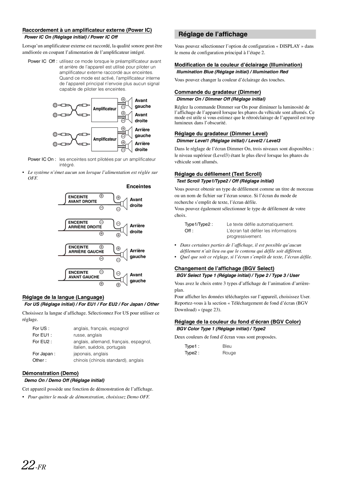 Alpine IDA-X305 owner manual Réglage de l’affichage, 22-FR 