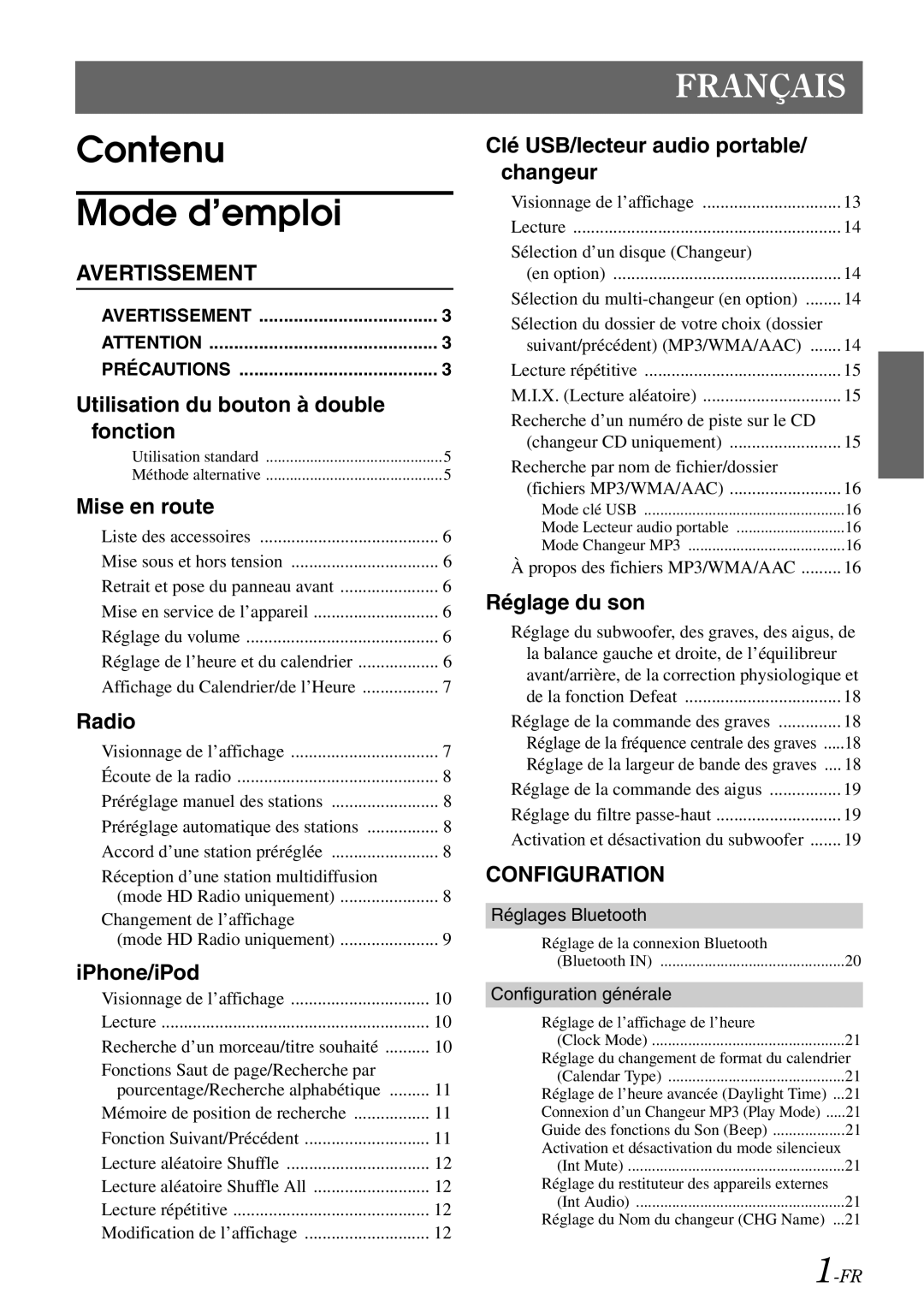 Alpine IDA-X305 owner manual Contenu Mode d’emploi 