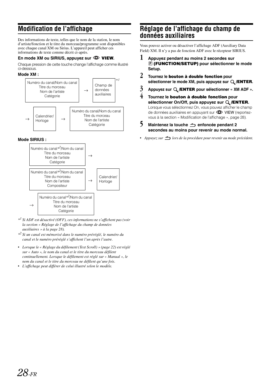 Alpine IDA-X305 owner manual Réglage de l’affichage du champ de données auxiliaires, 28-FR 