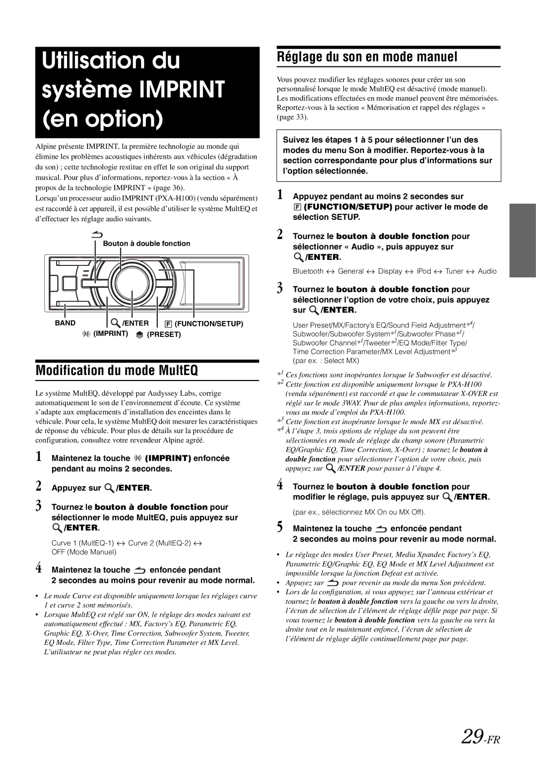 Alpine IDA-X305 Utilisation du système Imprint en option, Modification du mode MultEQ, Réglage du son en mode manuel 