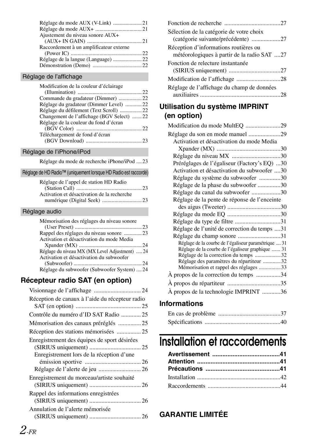 Alpine IDA-X305 owner manual Réglage de l’affichage, Avertissement Précautions 