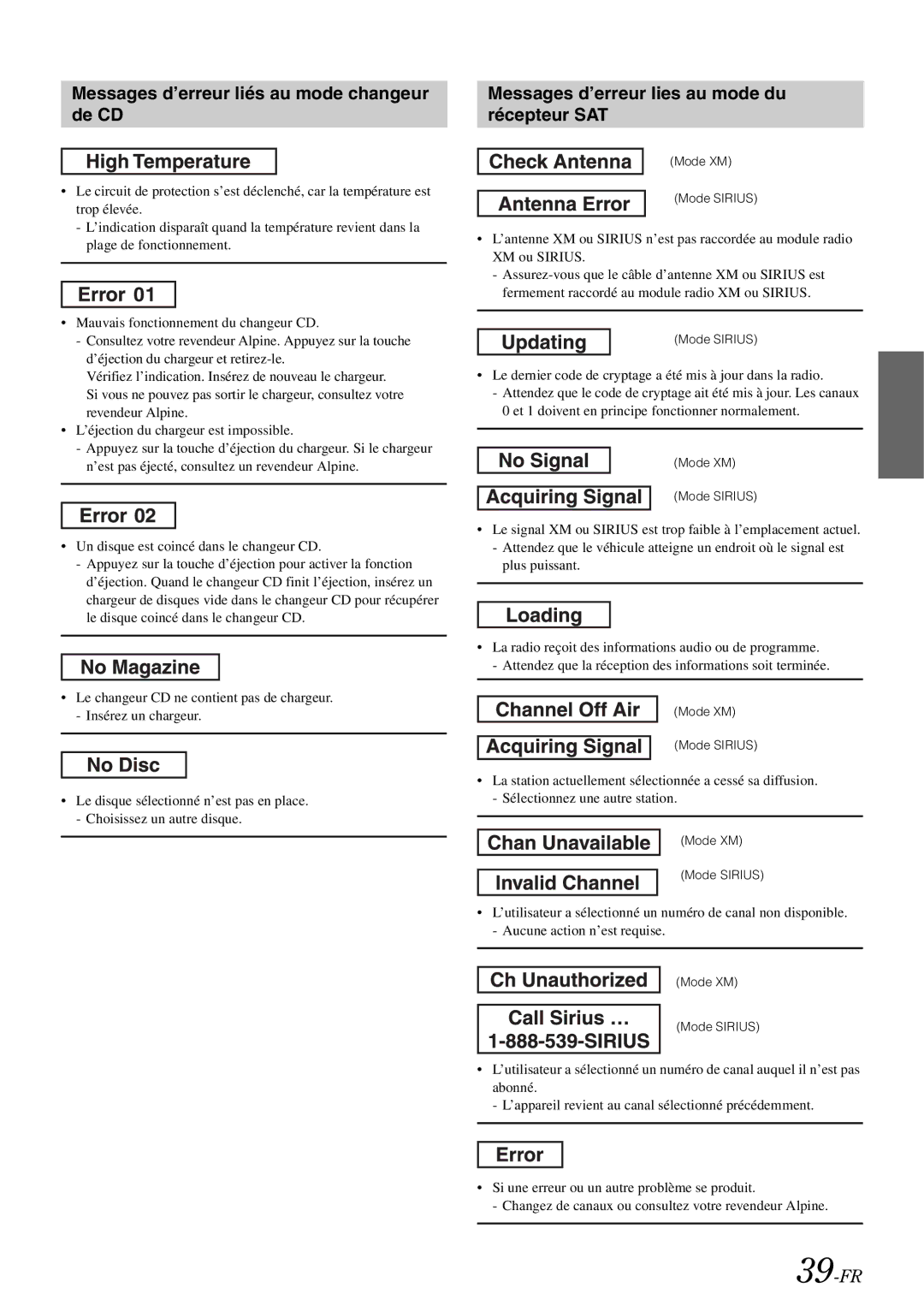 Alpine IDA-X305 Messages d’erreur liés au mode changeur de CD, Messages d’erreur lies au mode du récepteur SAT, 39-FR 