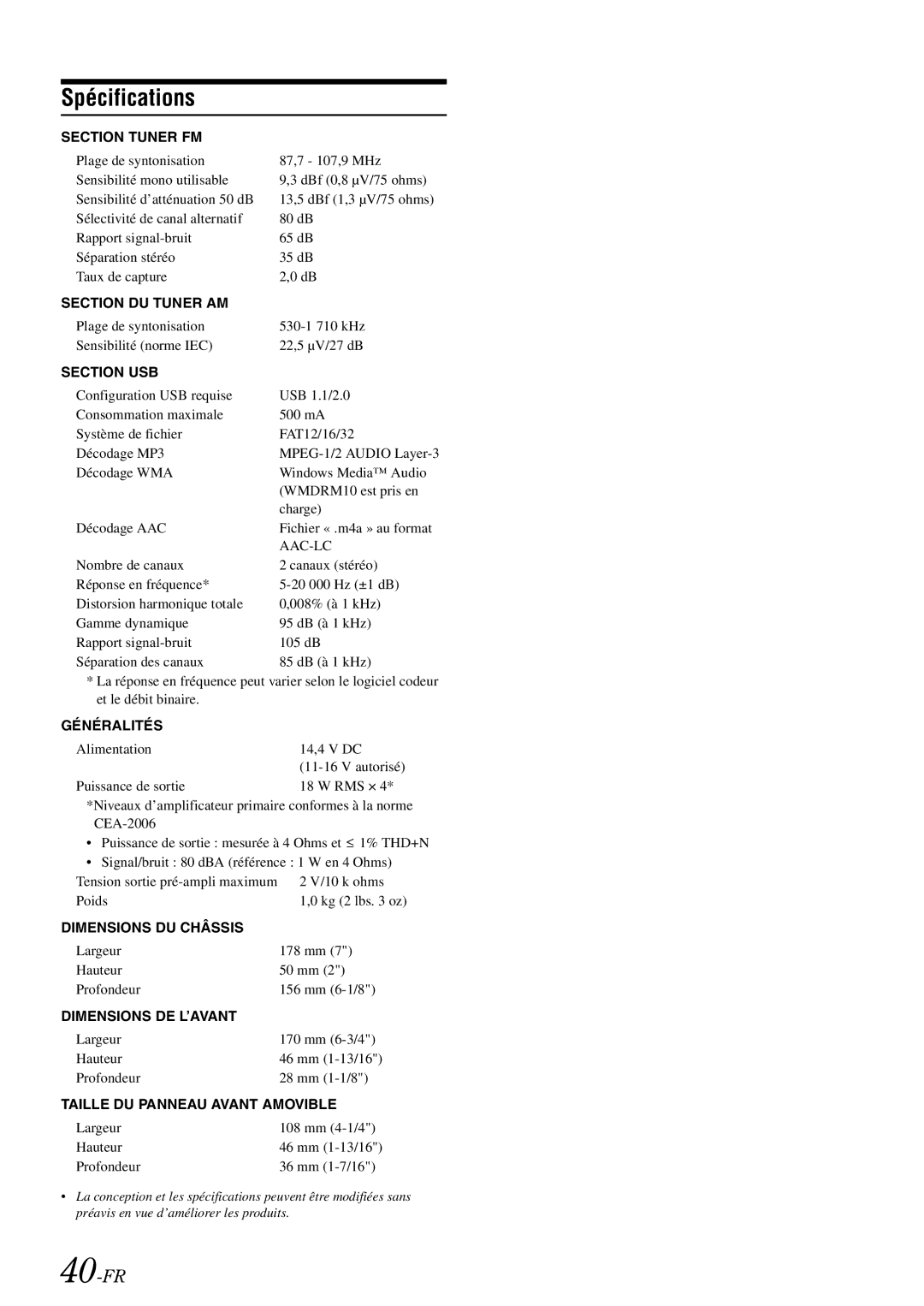 Alpine IDA-X305 owner manual Spécifications, 40-FR 